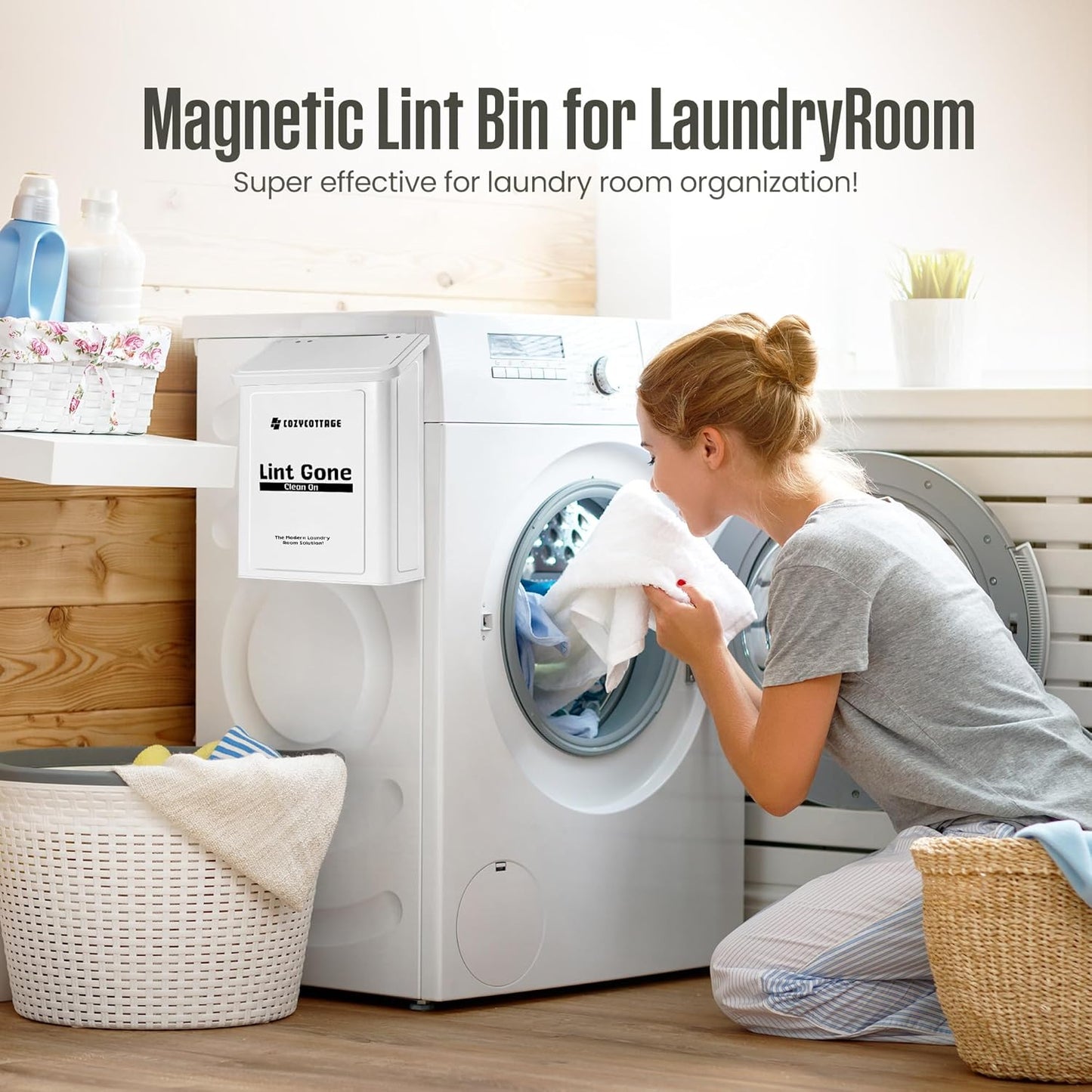 COZYCOTTAGE Magnetic Lint Bin for Laundry Room with Dryer Lint Brush - Slim Wall Mounted Trash Can with Lid - Modern Farmhouse Storage Organizer & Debris Collector - Space-Saving White Metal Holder