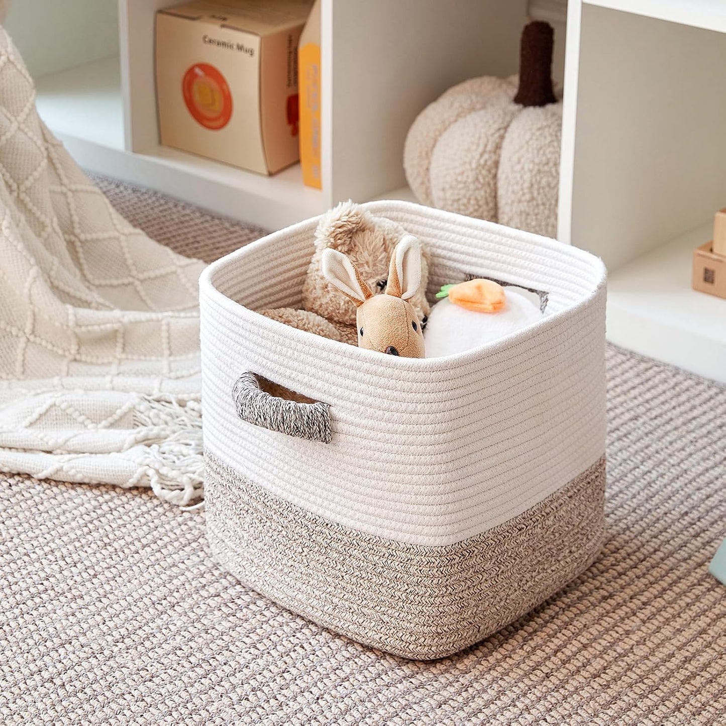 R RUNKA Storage Cube Baskets 3-Pack - 11 inch Square Baskets, Closet & Shelves Organizers - Woven & Drawer Storage - Ideal for Toys | White & Beige