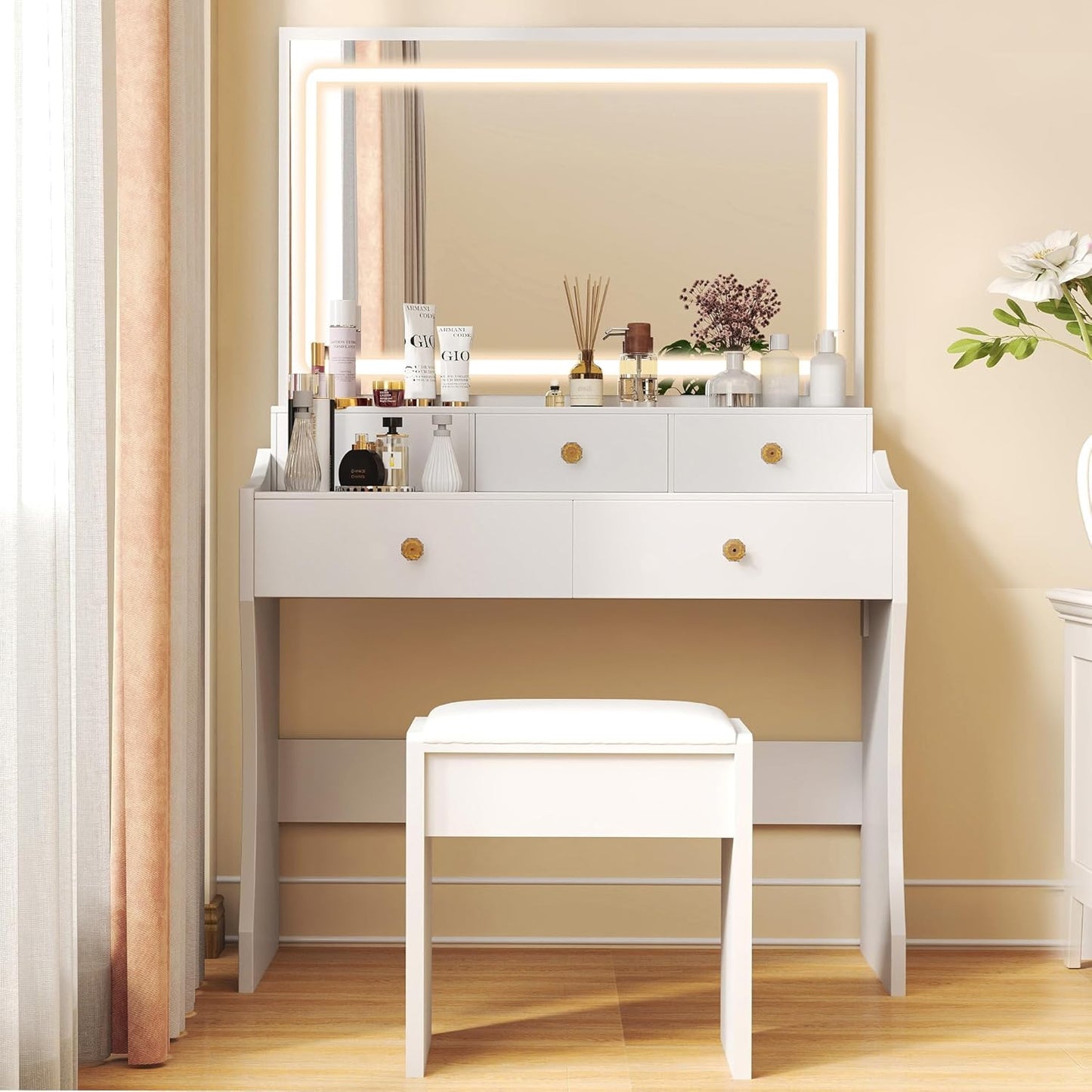 COMHOMA Makeup Vanity Desk with Mirror and Lights, Vanity Table and Chair Set with 5 Drawers and Charging Station, Bedroom Dresser LED Mirror Stepless Dimmable & 3 Color Modes Adjustable, Pearl White
