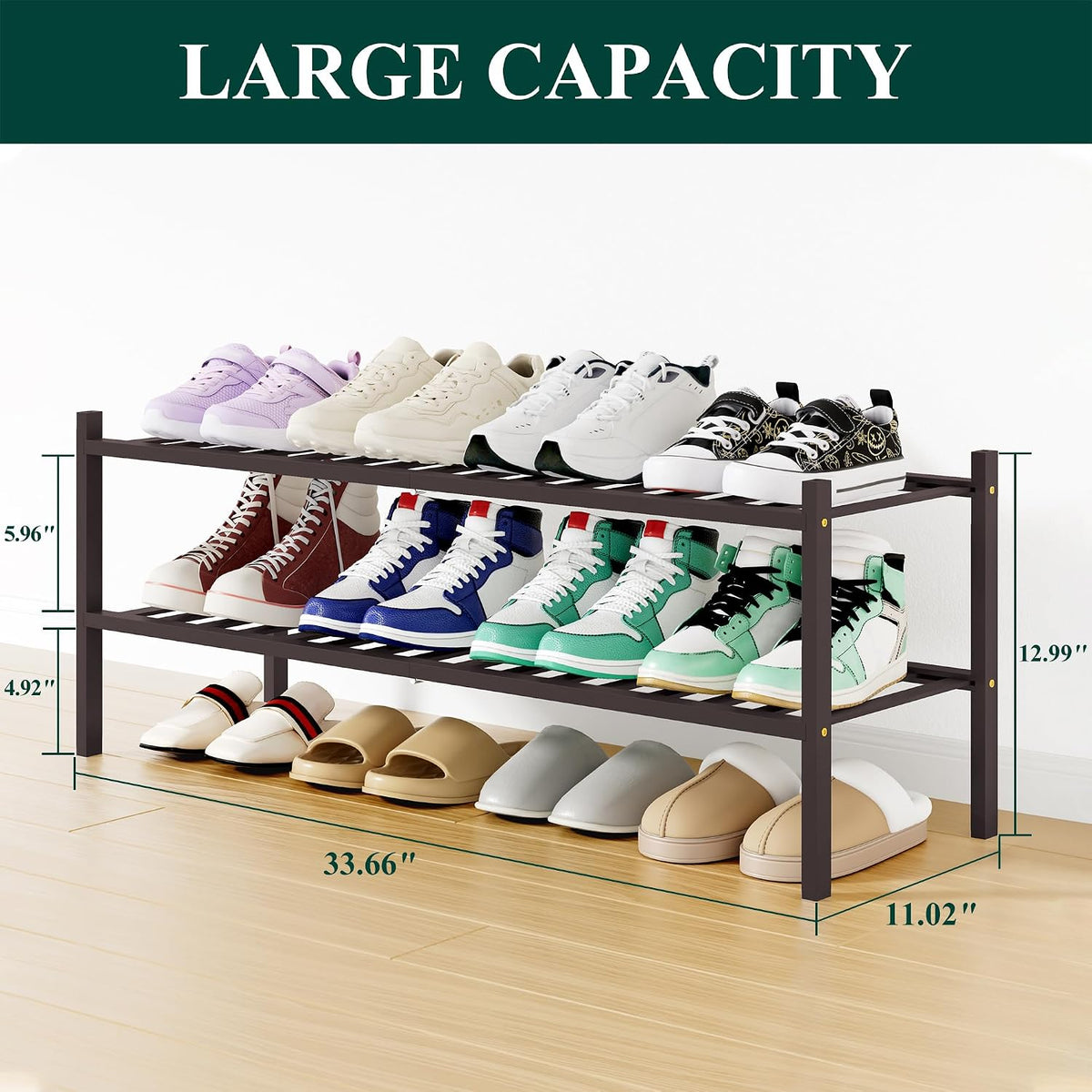 Smiry Bamboo Shoe Rack, 16 Vertical Slats, 2 Tier - 33.7" Wide, Brown