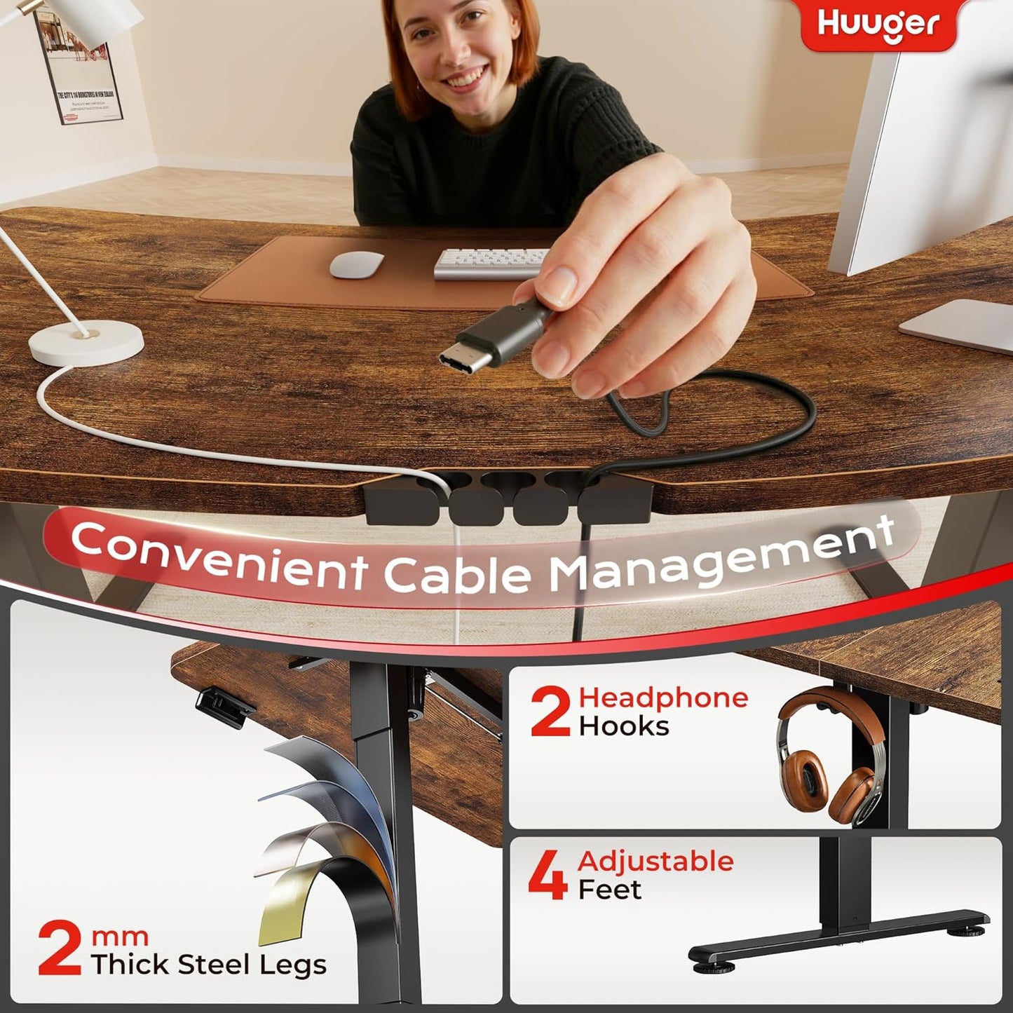 Huuger Electric Standing Desk with Power Outlets and USB-C Port, 47 X 24 Inch Height Adjustable Desk, Sit Stand Desk for Home Office, Computer & Gaming Desk with 4 Presets, Rustic Brown