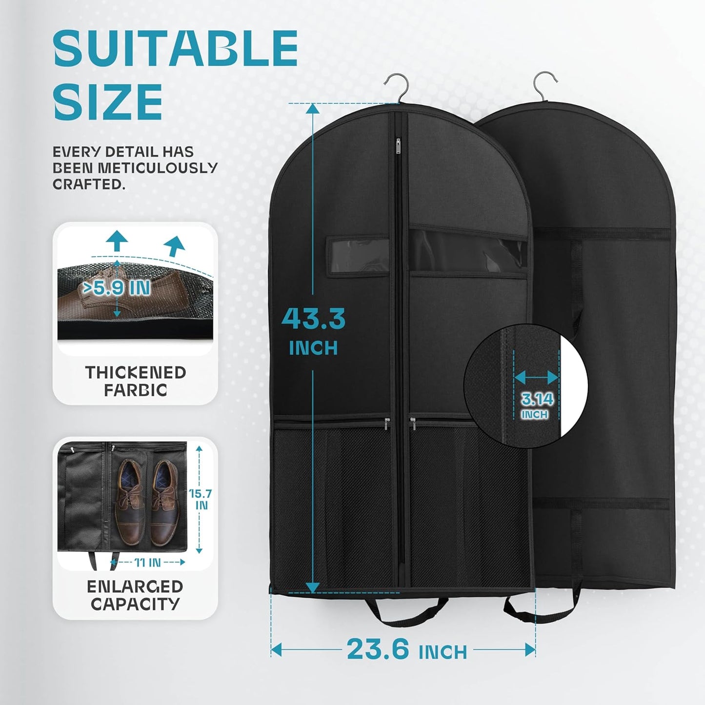 Lazebox 43" Travel Garment Bag with Accessories Zipper Pocket, Heavy Duty Suit Bag for Suits, Tuxedos, Dresses, Coats, Black, 3 packs