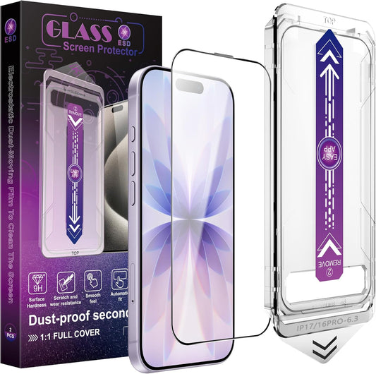 2 Pack Tempered Glass Screen Protector for iPhone 17/16 Pro 6.3-Inch with Auto Dust Removal, No Bubbles, High Definition Clear, Easy Installation