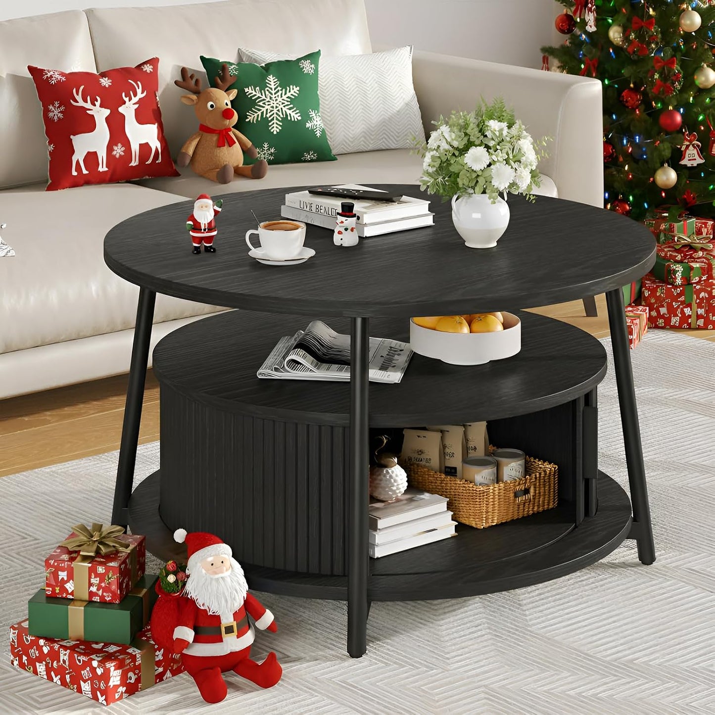 ONBRILL 31.5" Round Coffee Table with Storage and 2 Tiers, Black | Mid-Century Modern Center Table with 2 Sliding Doors and Adjustable Footpad for Living Room