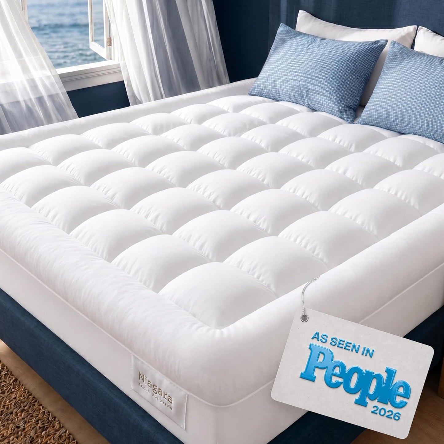 Niagara Sleep Solution Cloud-Like Full Size Mattress Topper - 100% Cotton Top Mattress Pad for Back Pain Relief - Breathable & Naturally Cooling for Hot Sleepers, White