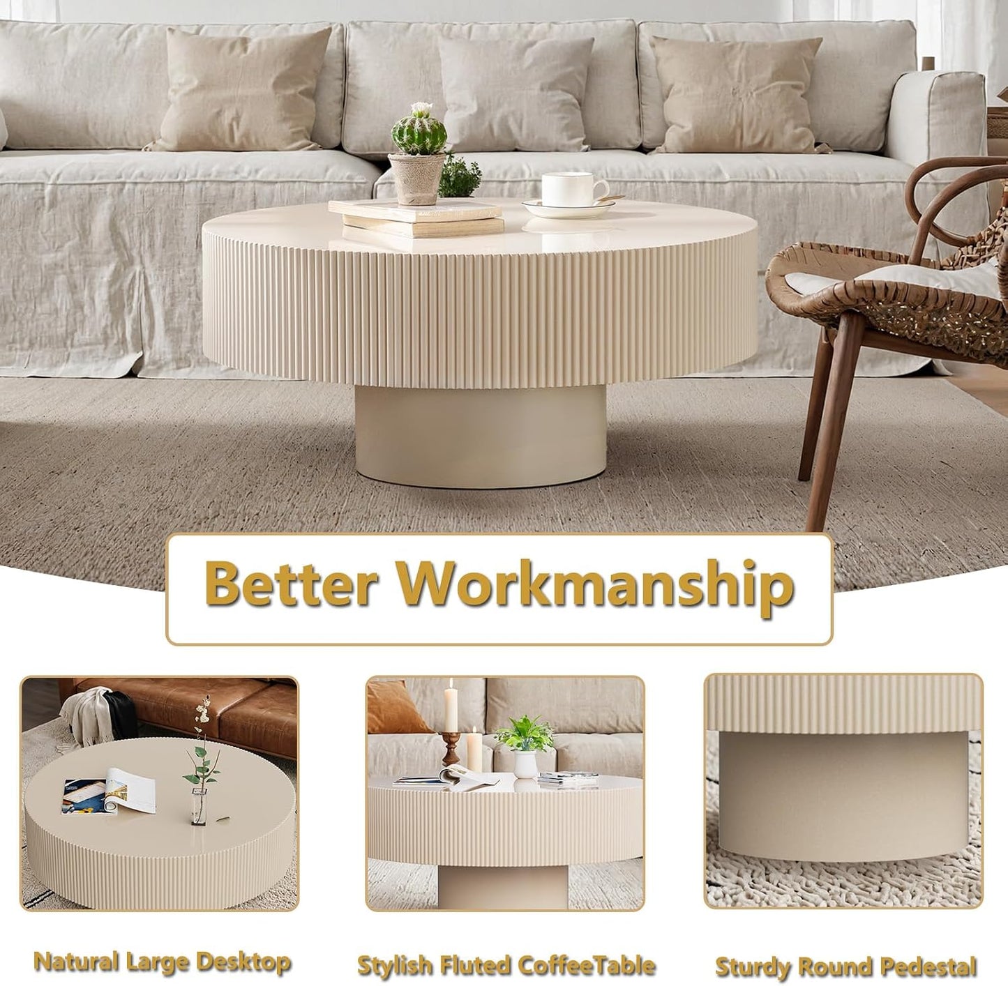 Mid Century Modern Round Fluted Coffee Table (A) | Handcraft Drum Coffee Table, Sturdy Pedestal, Wood Veneer Top, for Living Room Reception Room Farmhouse