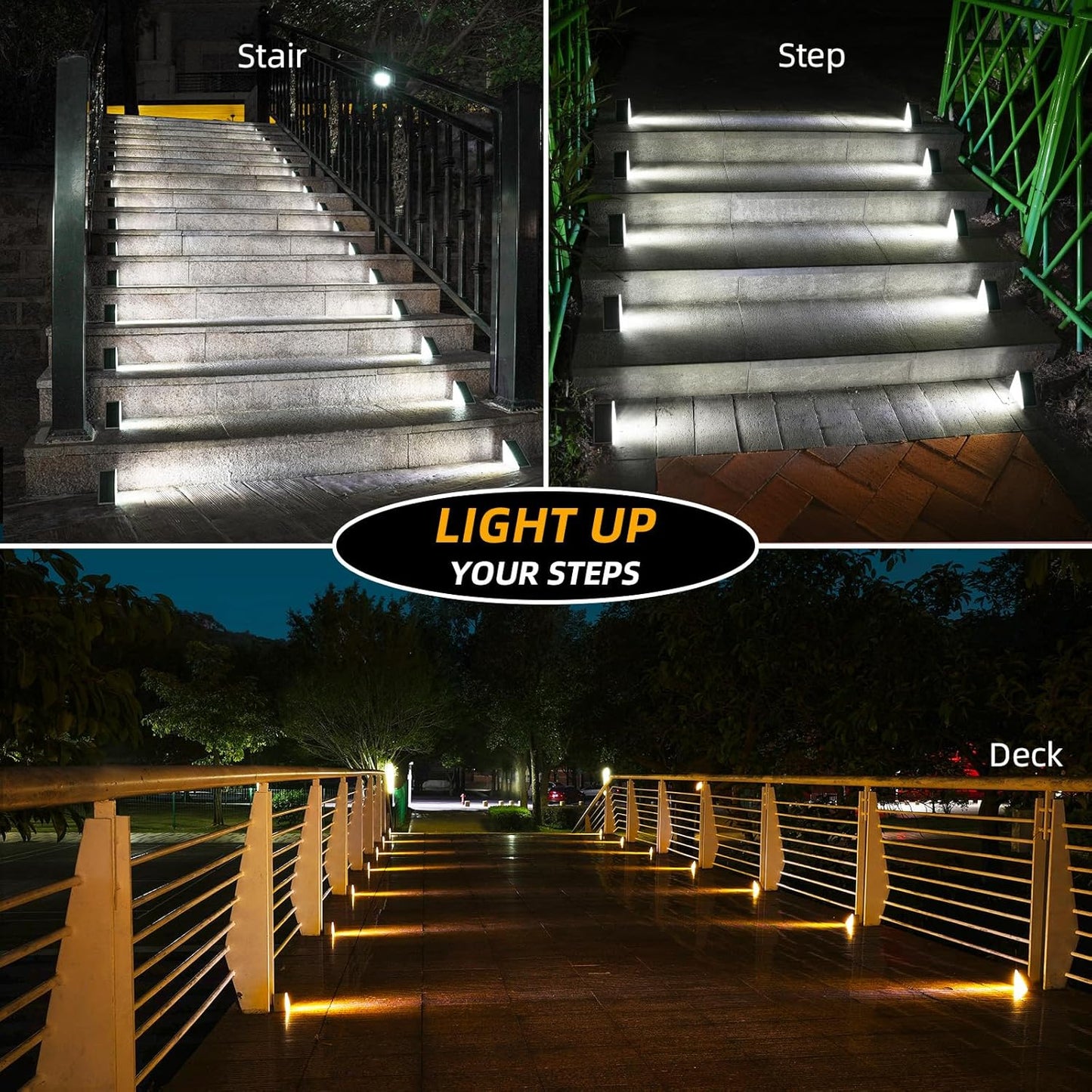 NIORSUN Solar Step Lights 6 Pack - Outdoor Stair Lights with 3000K Warm White & 6000K Cool Daylight, IP67 Waterproof, Auto On/Off, Super Bright for Deck, Patio, Steps