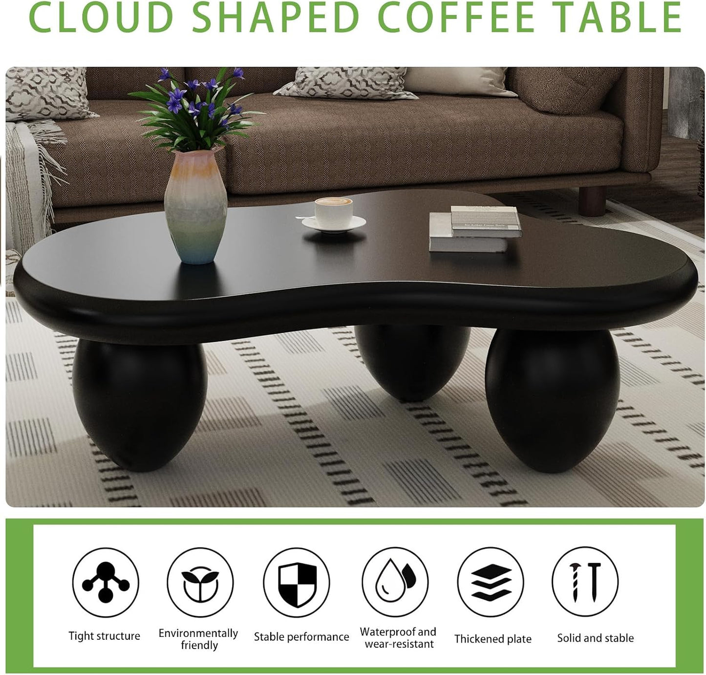 Cloud Coffee Table (C Black 46.06 inch) | Cute Irregular Tea Table with Large Tabletop, Cloud Shape Modern Accent Cocktail Table for Living Room, Office, Home Decor