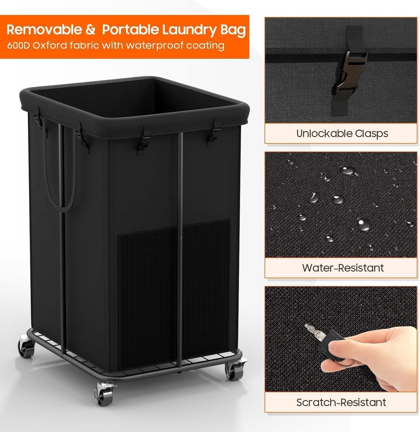 Rolling Laundry Hamper with Wheels – 150L Laundry Basket with Removable Bag & Sturdy Metal Frame, Large Tall Dirty Clothes Hampers for Bedroom, Laundry Room, Apartment, Dorm – Black