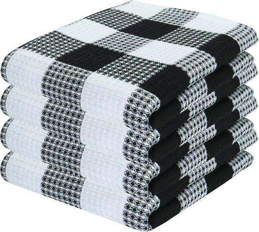 Waffle Weave Plaid Dish Cloth, DishTowel 15x25"Set of 4 - Black & White | PurpleEssences 100% Cotton Super Soft and Absorbent Quick Drying Tea Hand Towels Fall Autumn Harvest Thanksgiving Decor