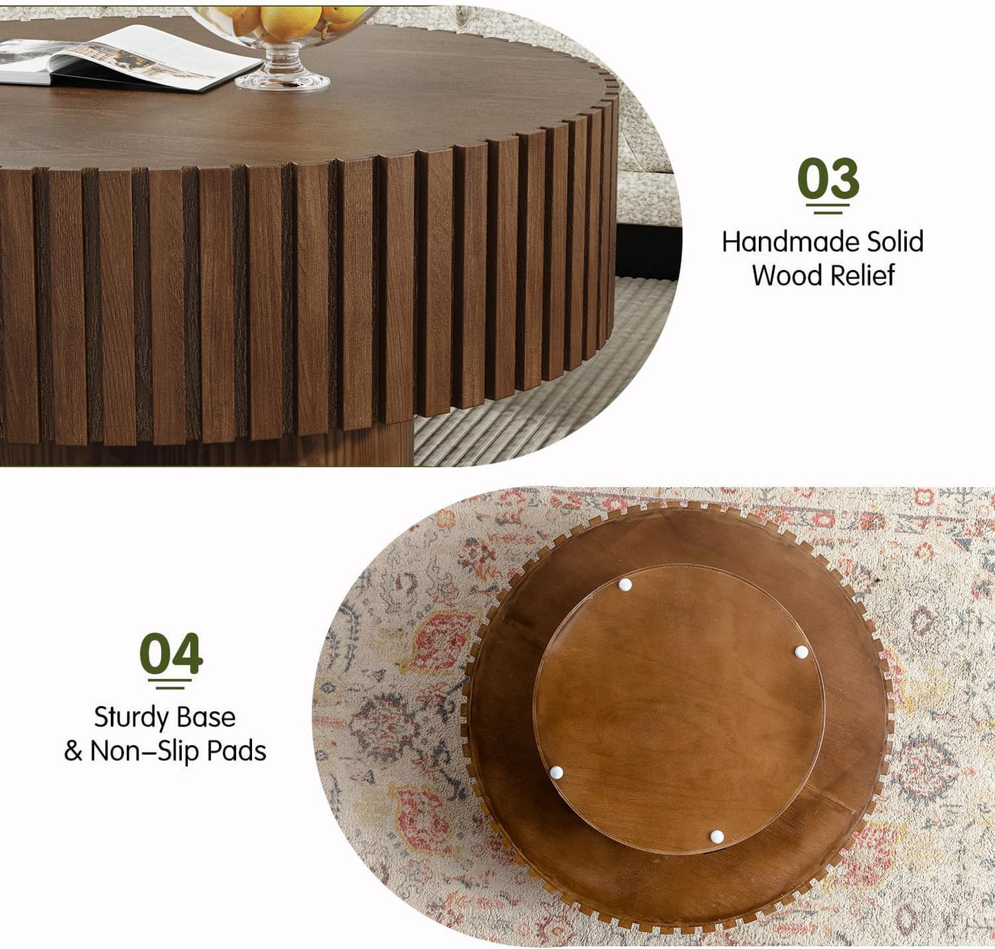 Brown Round Fluted Coffee Table for Living Room (31" Round Brown) | Handcrafted Relief, Circular Wood Drum Coffee Table, for Office Outdoor