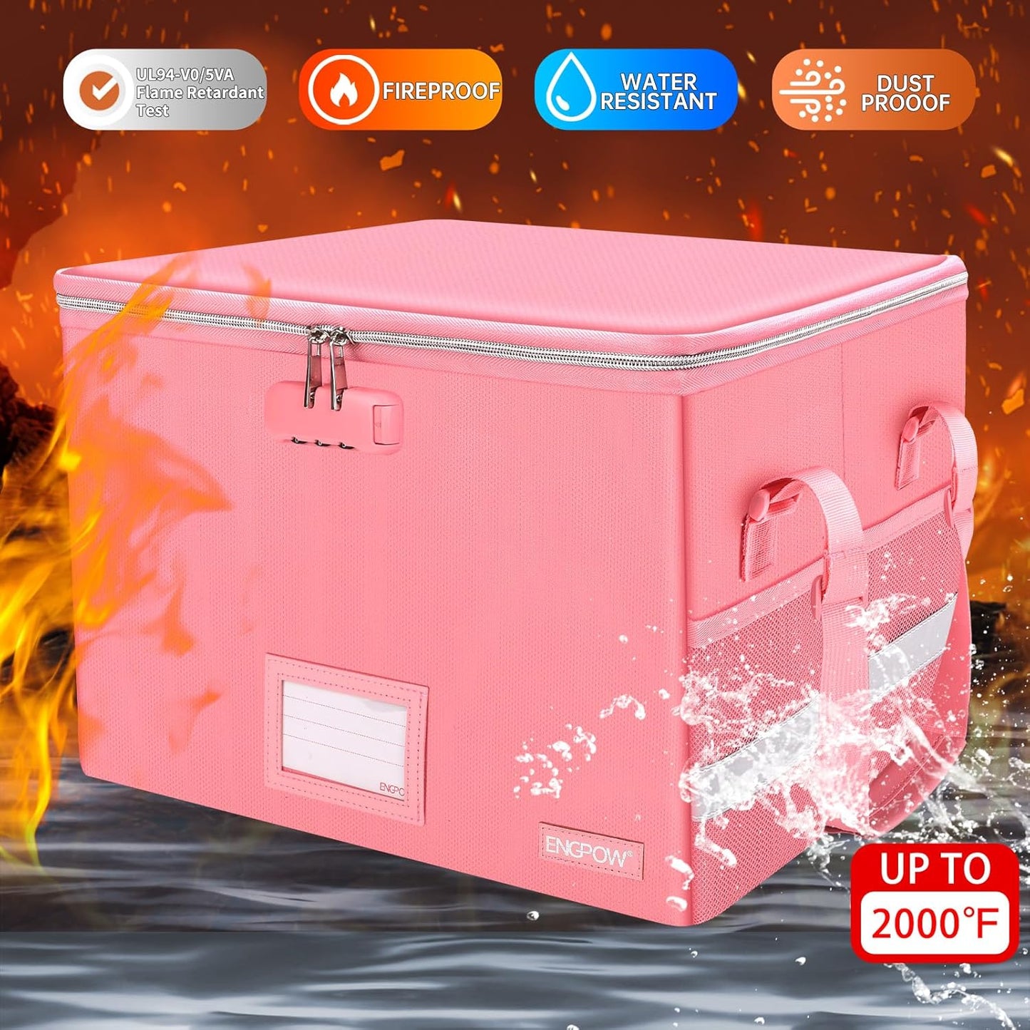 ENGPOW File Box with Lock, Fireproof Document Box with Zipper＆Pockets, Collapsible File Organizer Filing Storage Cabinet with Handle, Portable Home Office Safe for Hanging Letter/Legal Folder, Pink