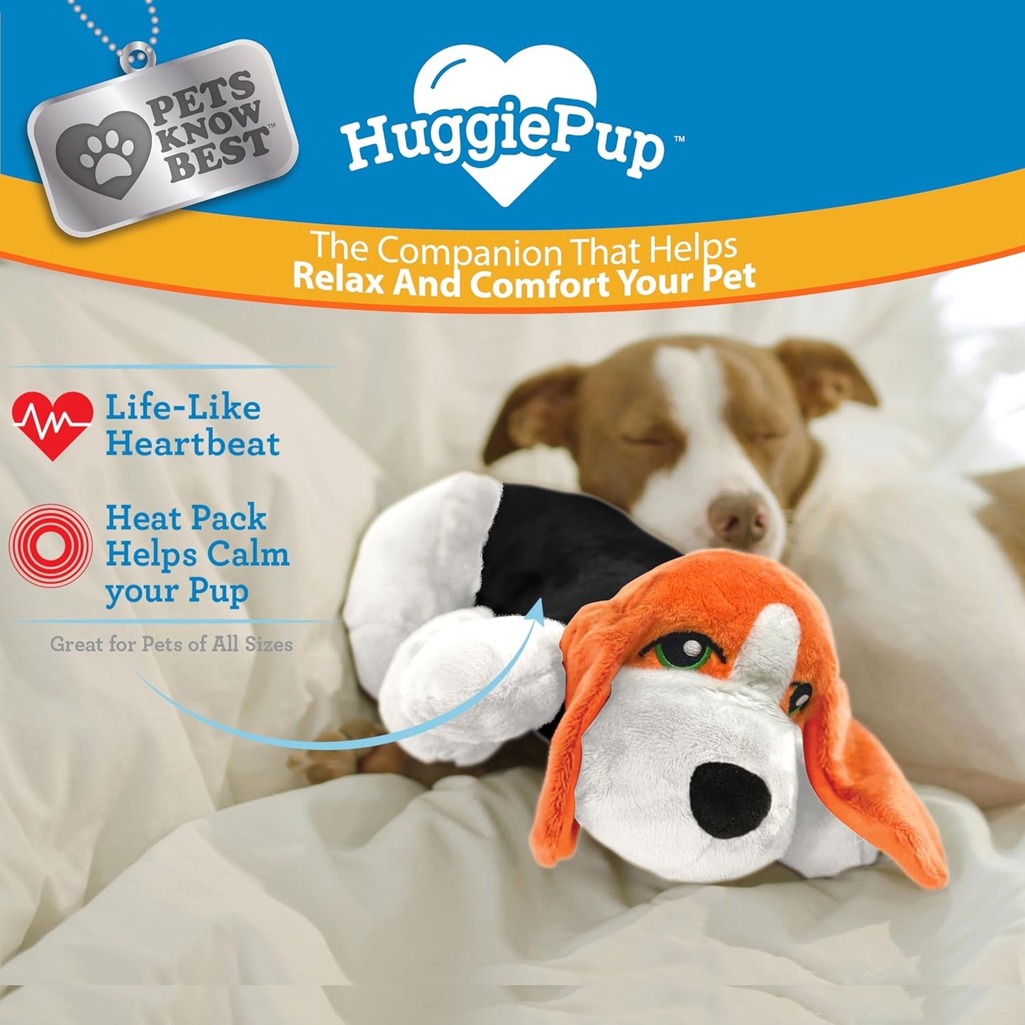 HuggiePup by Pets Know Best- Cuddly Puppy Behavioral Aid Toy, Great for Crate Training- Pulsing Heartbeat, Heating Pack- Multicolor Hound Dog