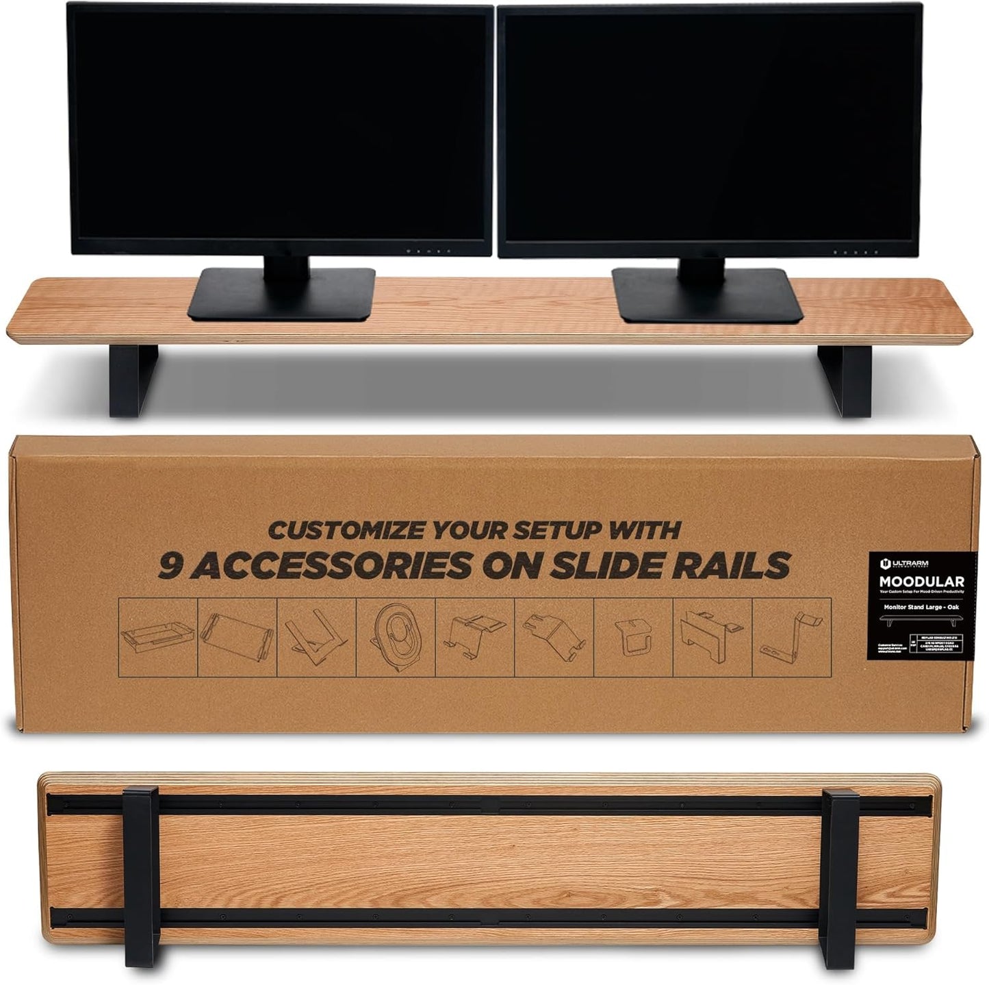 ULTRARM Moodular Wooden Monitor Stand 45.6” (116cm) Large Desk Organizer with Metal Slide Rails for Drawer, Tray, Laptop, Tablet, Phone & Headphones Customizable Riser for Organized Workspace Oak