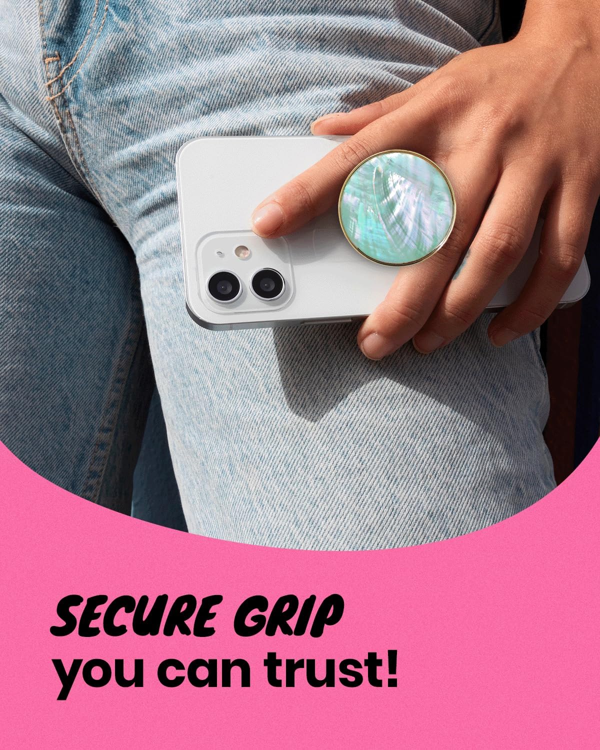 On The Grip Universal Phone Grip & Stand, Genuine Natural Gemstone/Seashell, Strong Adhesive Finger Holder, Collapsible Socket for iPhone, Samsung Galaxy, Kindle and Tablets (Aqua Blue)