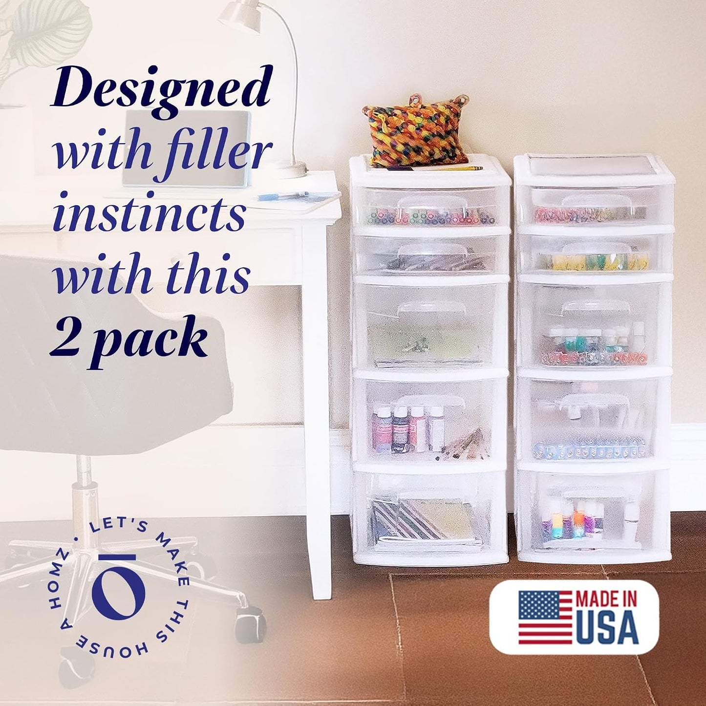 HOMZ 2-Pack Drawer Tower, 5-Tier Clear Plastic Storage Organizer Unit, White Frame - Multi-Purpose Container Drawers for Kitchen, Bathroom, and Office Organization