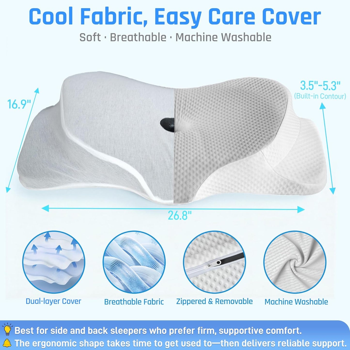 AlignCore Cervical Neck Pillow - Ergonomic Firm Memory Foam Bed Pillows for Sleeping, Neck Pillows for Pain Relief, Back and Side Sleeper Pillow (White with Gray Surface)