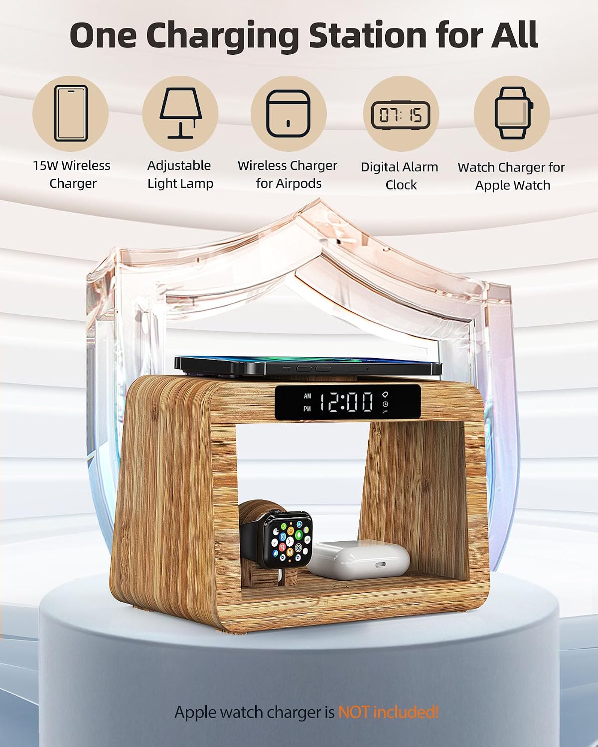 Bamboo Wireless Charging Station with Alarm Clock & Night Light, 3 in 1 Charging Station for iPhone 17/16/15/14/13/12/11 Pro Max/X/Xs, AirPods 4/3 & AirPods Pro 3/2/1/, Apple Watch Series