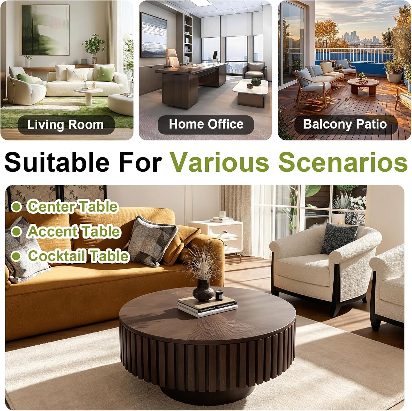 31" Brown Round Coffee Table with Storage (G, 1PC) | For Living Room, Circle Drum Wood Fluted Coffee Table with Flip-Top Lid, Farmhouse Modern, For Small Spaces, Easy Assembly