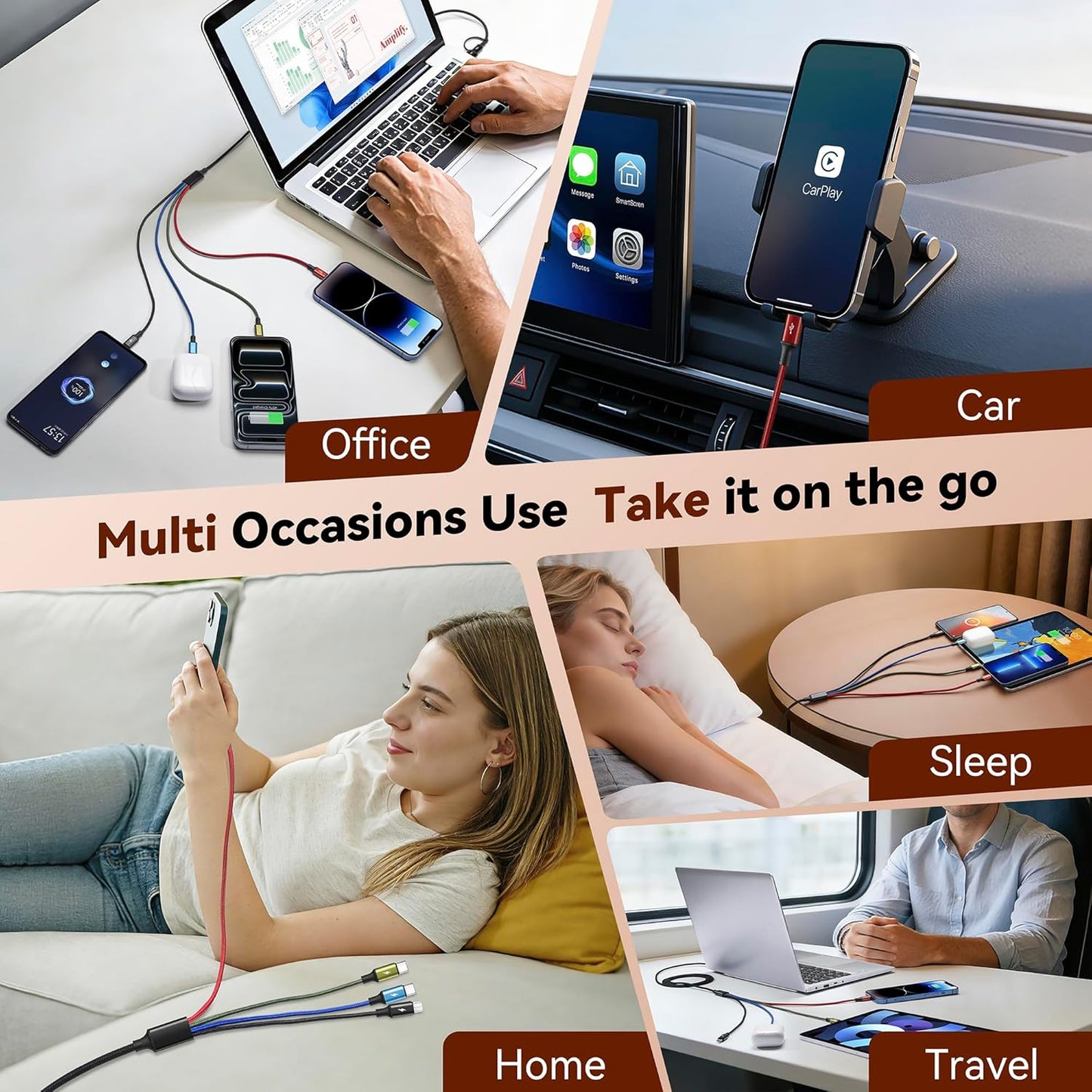 MINLU Dual USB-C 4 in 2 Multiple Charging Cable for All Devices with USBC/Lightning/Micro Ports,Type C Cable iPhone Charger Cord,Travel Car Charger for iPhone Series,Android,iPad,Kindle,PS - 2Pack/6Ft
