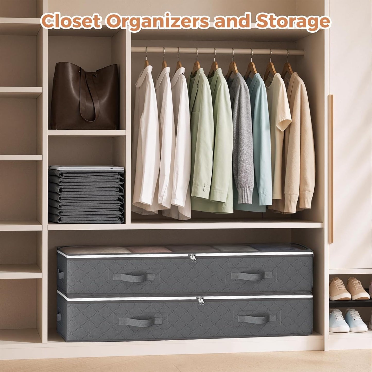 Budding Joy 90L Under Bed Storage Containers, Closet Organizers and Storage Bins, Foldable Underbed Storage Bags for Linen Sheets, Blanket, Clothing, Comforter, Sweaters, Pillows, Wrapping Paper, Grey