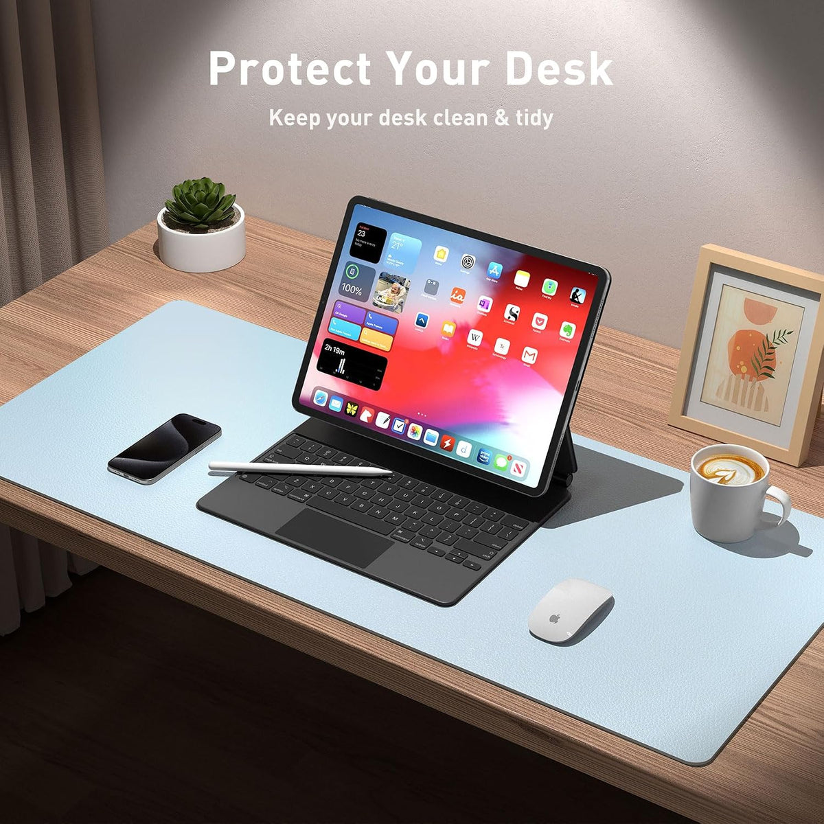 Aothia Leather Desk Pad Protector, Office Desk Mat, Large Mouse Pad, Non-Slip PU Leather Desk Blotter, Laptop Desk Pad, Waterproof Desk Writing Pad for Office and Home (48"x17", Baby Blue)