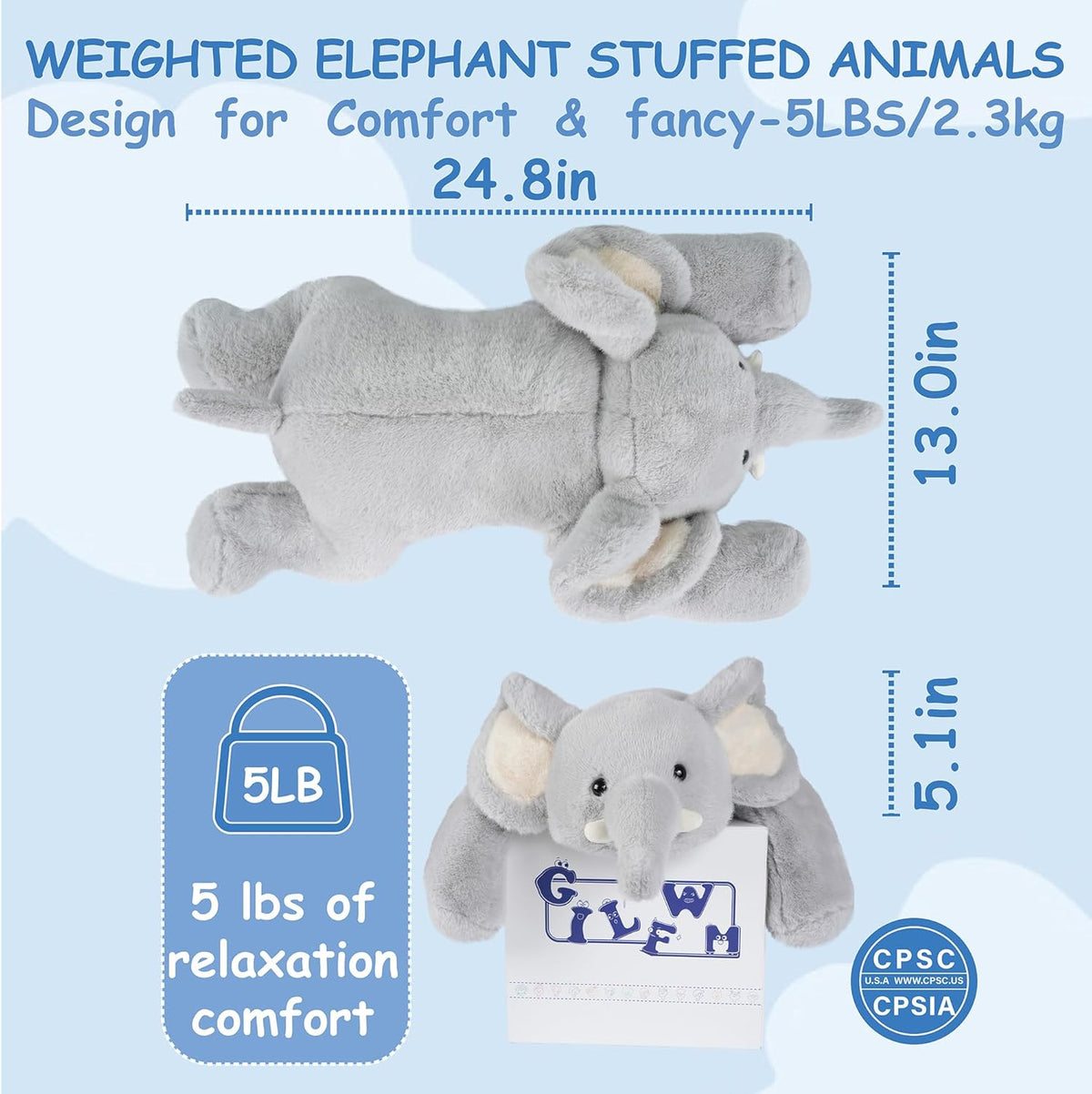 GILFWM Weighted Stuffed Animals Elephant - 25" Big Stuffed Animal Toy Pillow for Kids & Adults, 5 lbs Soft Washable Weighted Plush