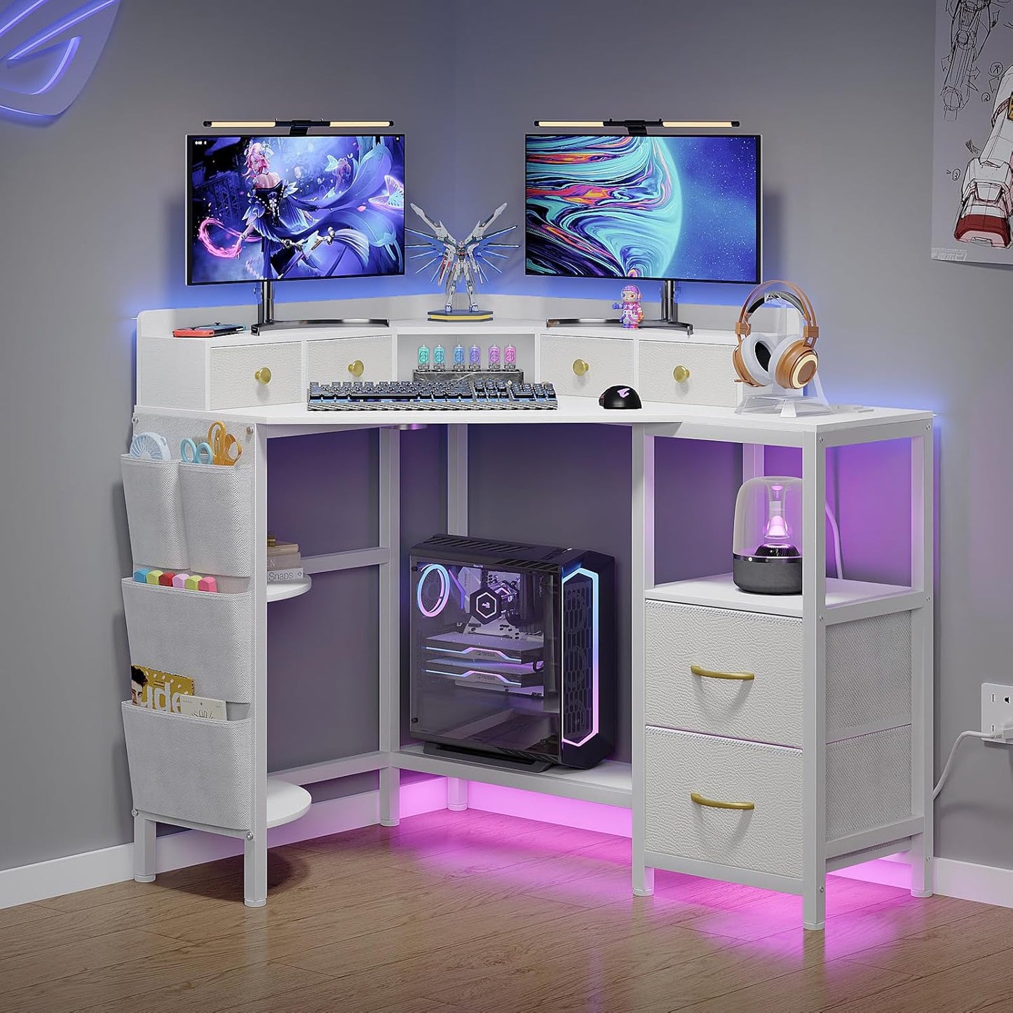 VENNQD Corner Desk with 6 Drawers Shelves for Small Space Computer Desk with Power Outlets,Gaming Desk with Printer Monitor Stand Storage for Home Office Workstation Writing Table (White, 31.5)