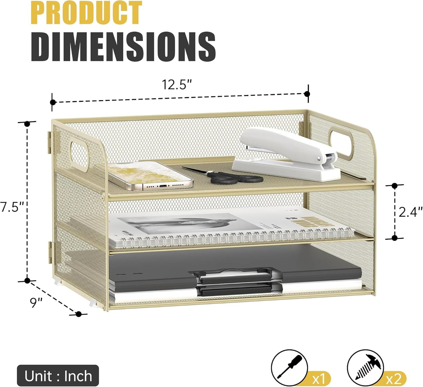 DALTACK 3 Tier Paper Organizer with Handle, Mesh Metal Desk Organizer with Sliding Paper Trays for Letter/A4 Paper, Mail, Bills & Folders, Yellow