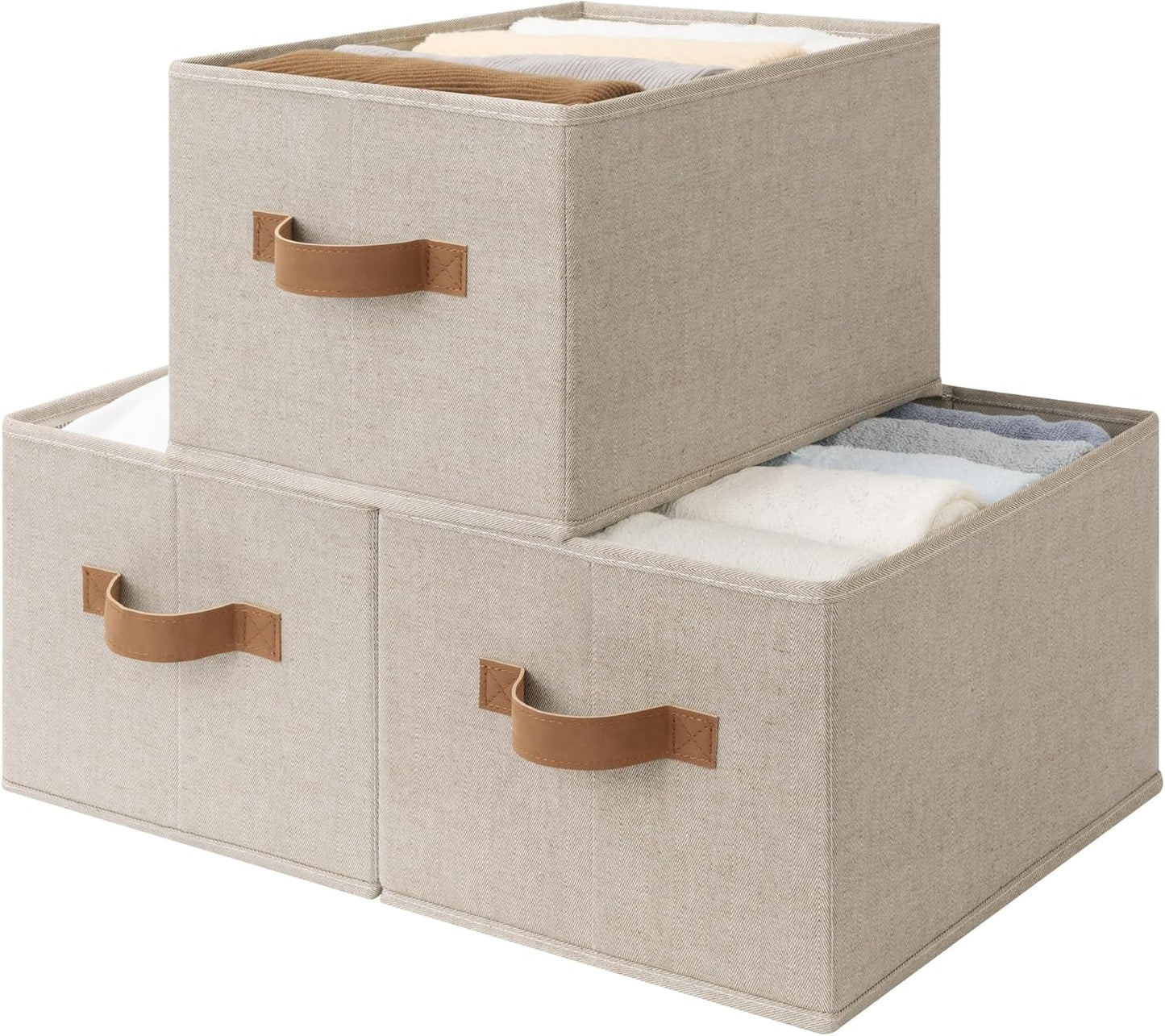 StorageWorks Closet Storage Bins, Brown & Beige, Large, 3-Pack | Shelf Baskets for Organization, Linen Closet Organizers and Storage Basket, Foldable Closet Organizer Bins for Clothes