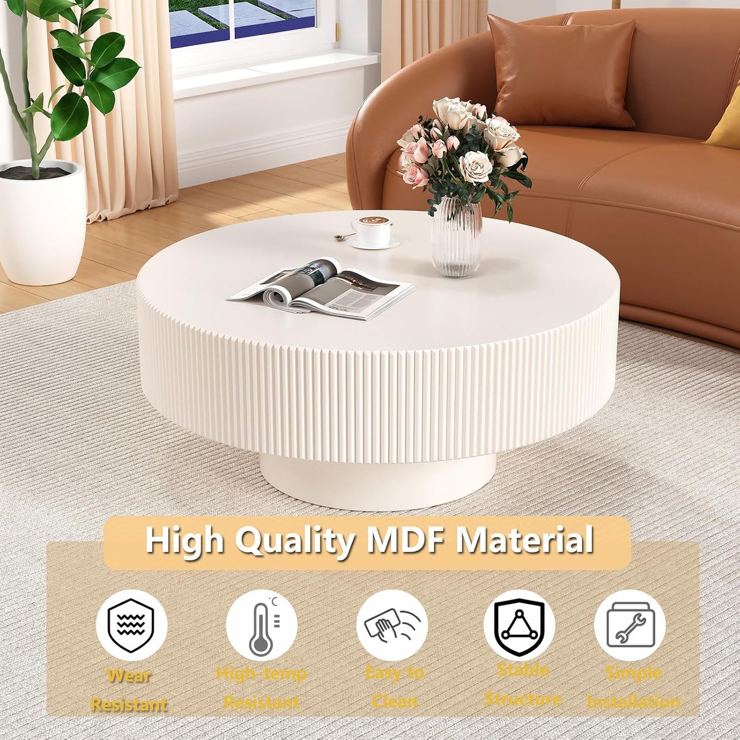30.9" Round Drum Fluted Coffee Table (A) | Mid-Century Modern, Easy Assembly, Sturdy Pedestal, Center Tables for Apartment Living Room