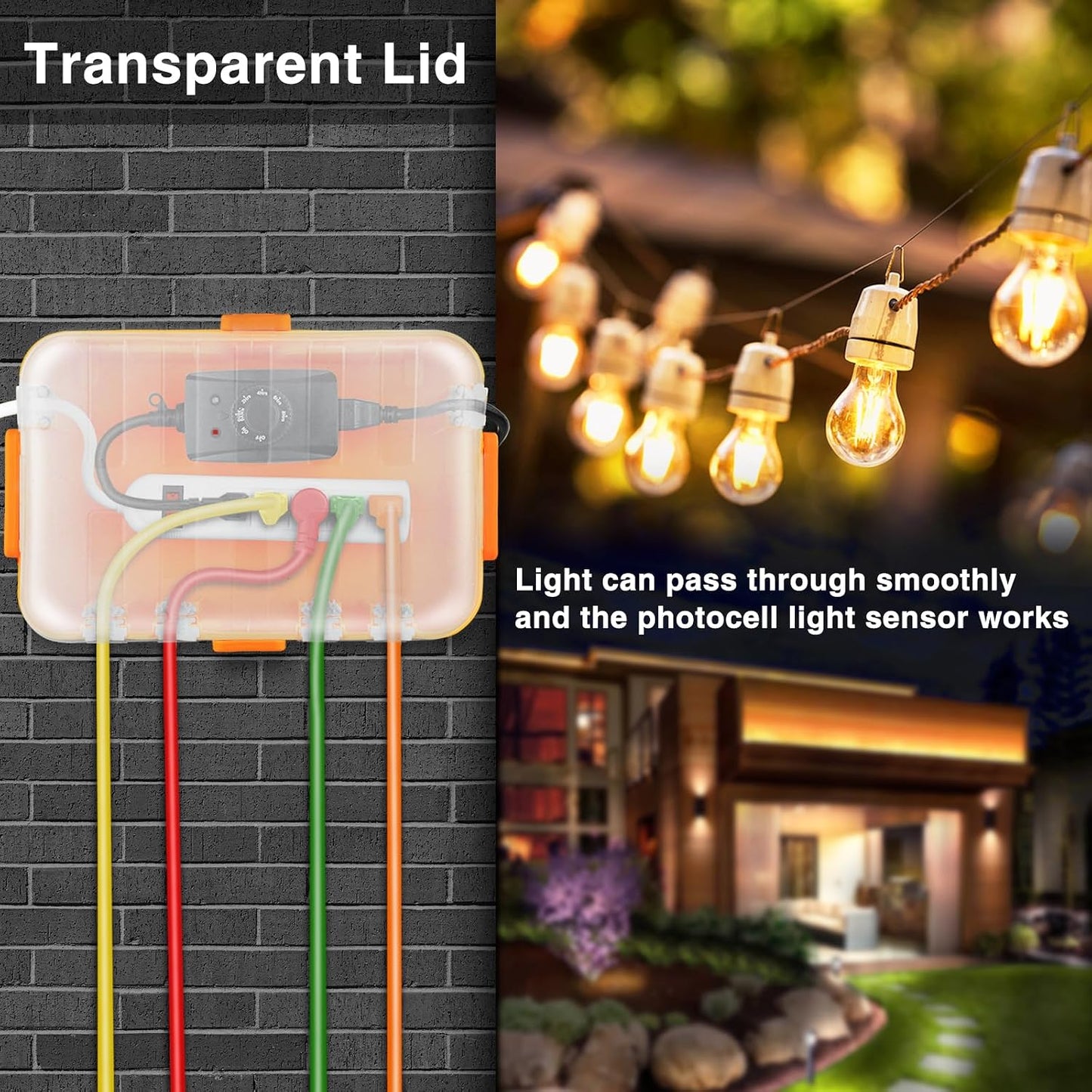 Flemoon Large Outdoor Electrical Box, Waterproof Extension Cord Cover | 6 Cable Entry Ports, IP54 Weatherproof Connection Box with Clear Lid for Photocell Light Sensor Timer, Outlet, Socket, Orange