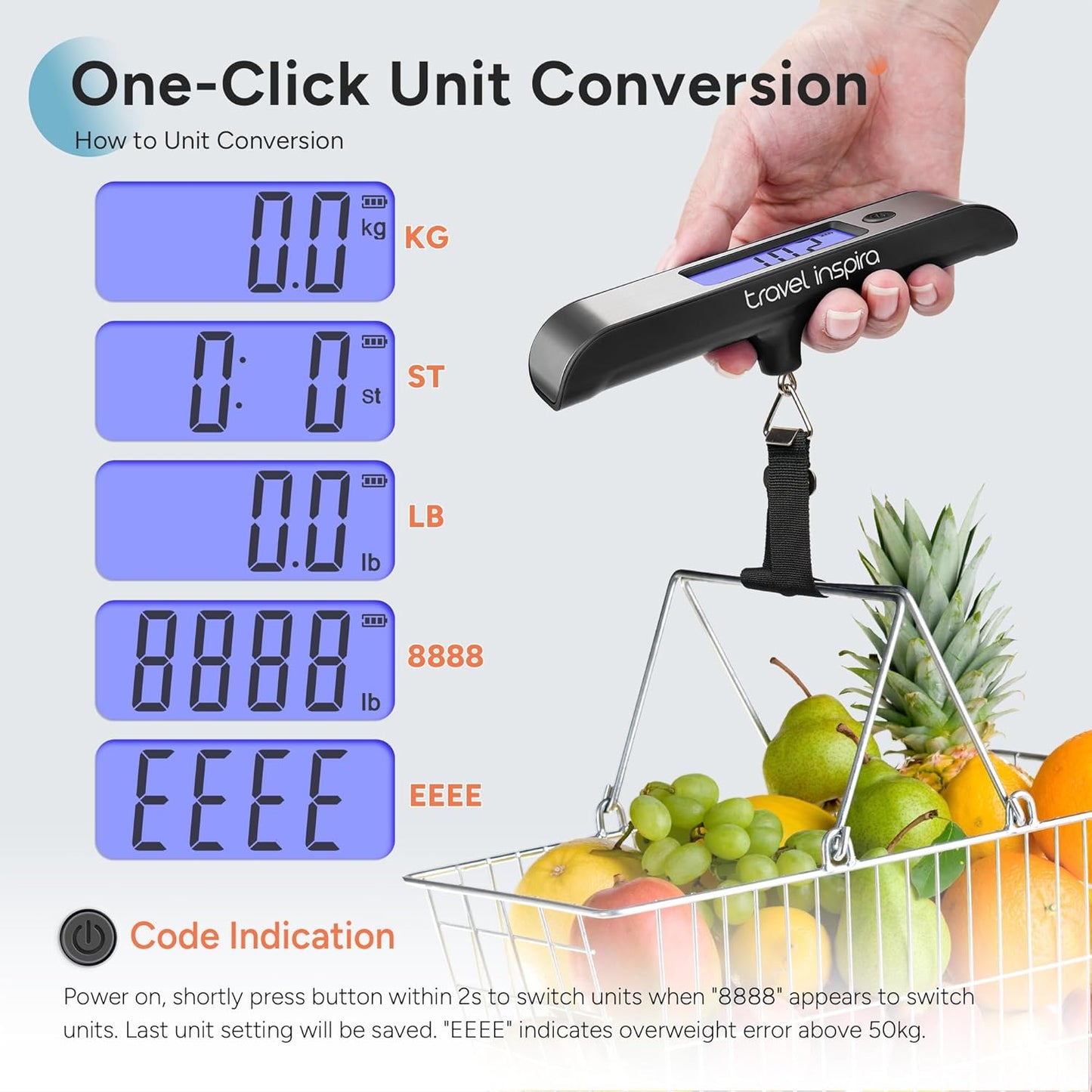 travel inspira Rechargeable Luggage Scale 110lb/50kg - Large Backlit Display - Stainless Steel - Portable Digital Hanging Scale for Suitcases, Bags, Packages (USB -C Charging Included)
