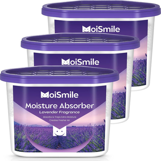 Moisture Absorbers, Fast Acting Lavender Scent Humidity Absorber & Odor Eliminator for Closet, Bathroom, Basement, Car & RV, 3 Pack