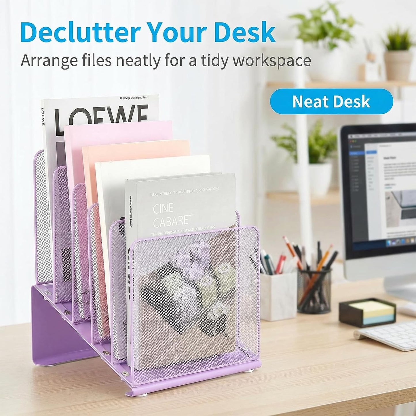 LEKETREE File Organizer for Desk, File Folder Organizer with 5-Section Vertical Rack, Suitable for Home Office Document Organization and Storage(Grape Purple)