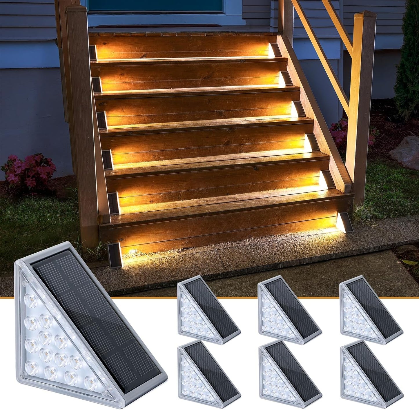 NIORSUN Solar Step Lights 6 Pack - Outdoor Stair Lights with 3000K Warm White & 6000K Cool Daylight, IP67 Waterproof, Auto On/Off, Super Bright for Deck, Patio, Steps