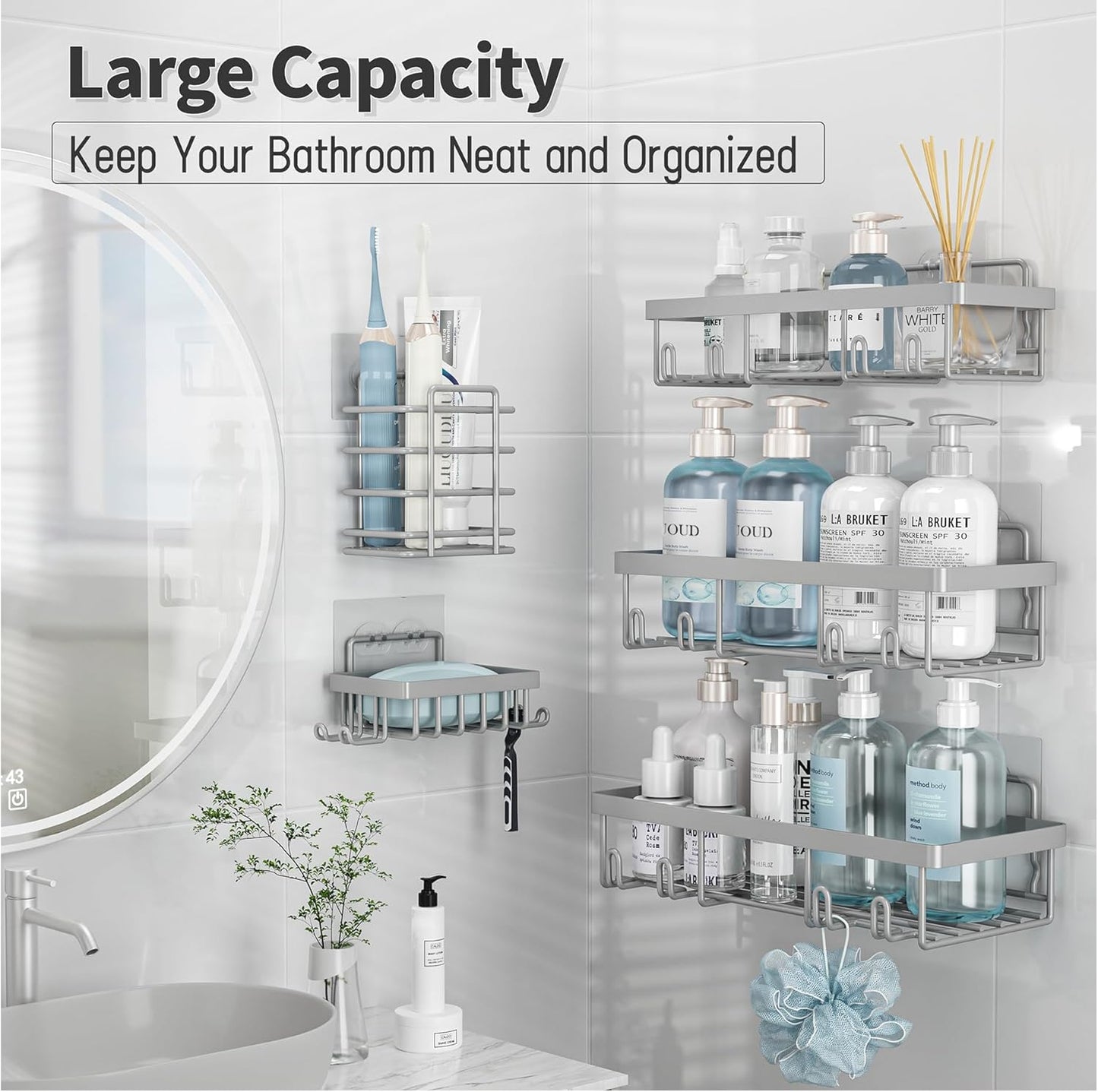 Liuoud 5 Pack Shower Caddy Organizer Rack Shelf for Inside Shower, Self Adhesive Bathroom Wall Storage Basket Rustproof Stainless Steel Large Capacity Shampoo Holder, Grey