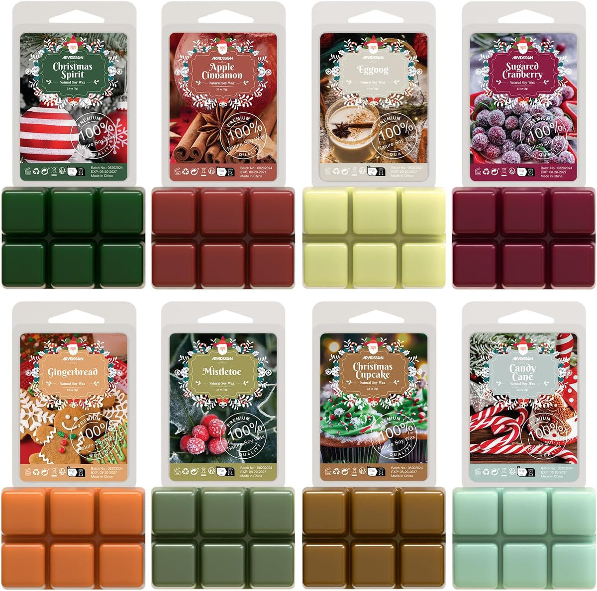 ARVIDSSON Winter Scented Wax Melts, Holiday Soy Wax Cubes for Wax Warmer, Strong Scent Fragrance Wax Tarts, Candle Melts Gift Set, Apple Cinnamon, Christmas Wreath, Gingerbread, Candy Cane, Cranberry