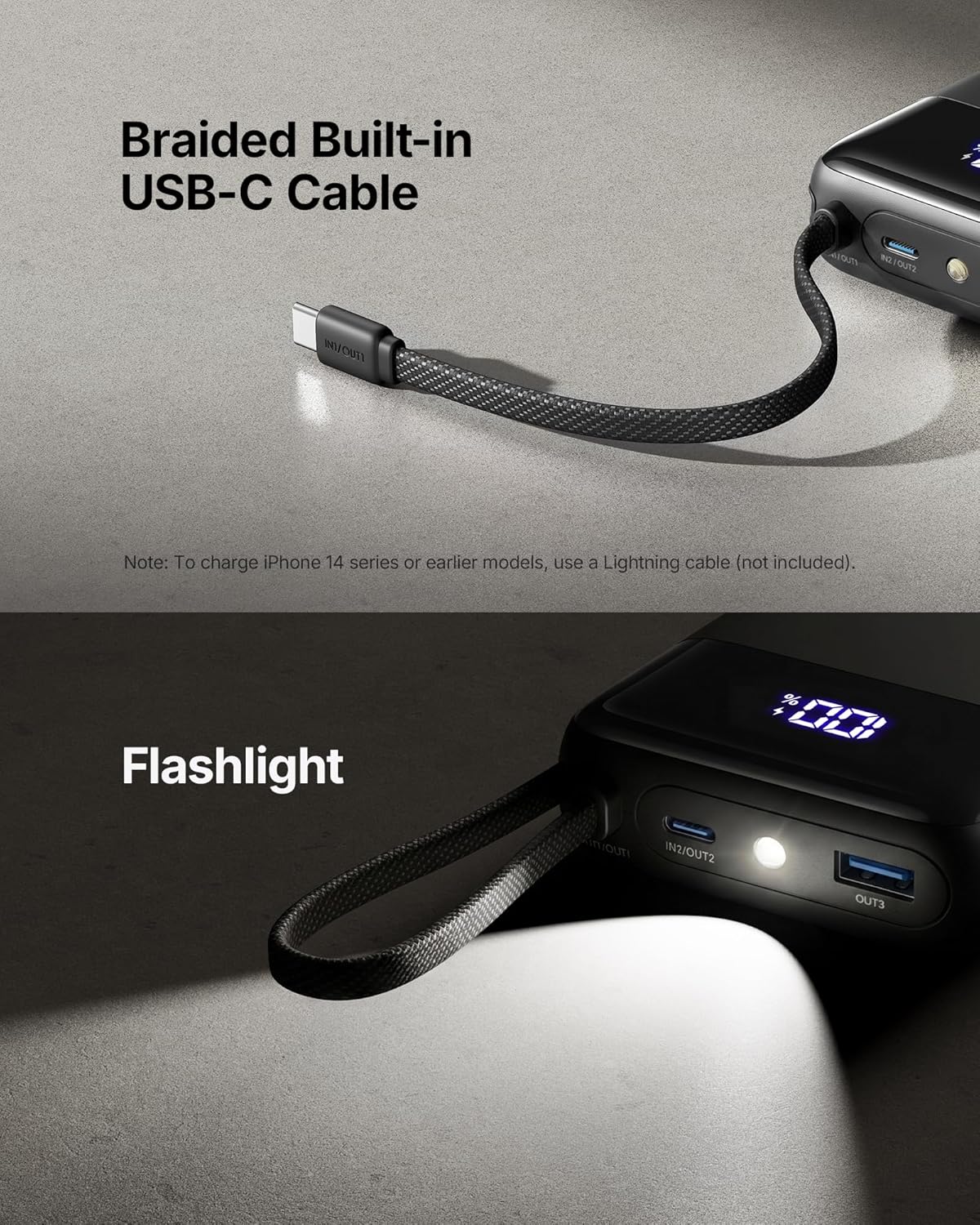 INIU 20000mAh Power Bank, Small 45W PD Fast Charging Portable Charger with Built-in USB C Cable, Flight-Safe Travel External Phone Battery Pack for iPhone 17 Pro Max Samsung S26 iPad etc, Black