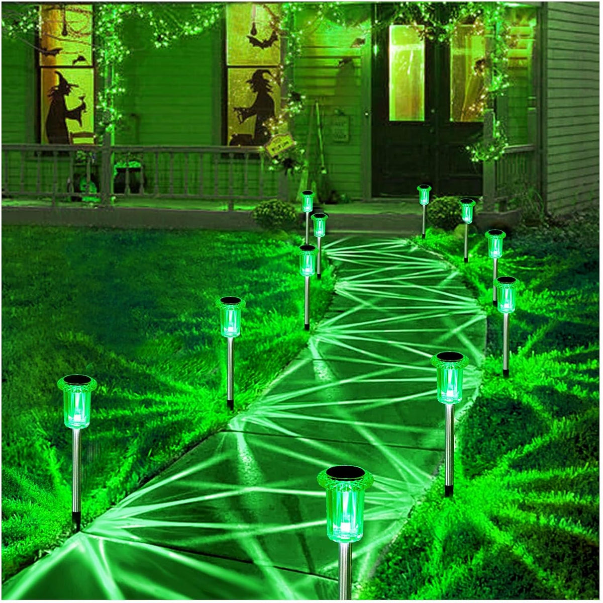 Solar Lights Outdoor 10 Pack Solar Pathway Lights Green Halloween Decorations Waterproof Yard Lighting for Outside Driveway Garden Walkway Path Landscape Lawn