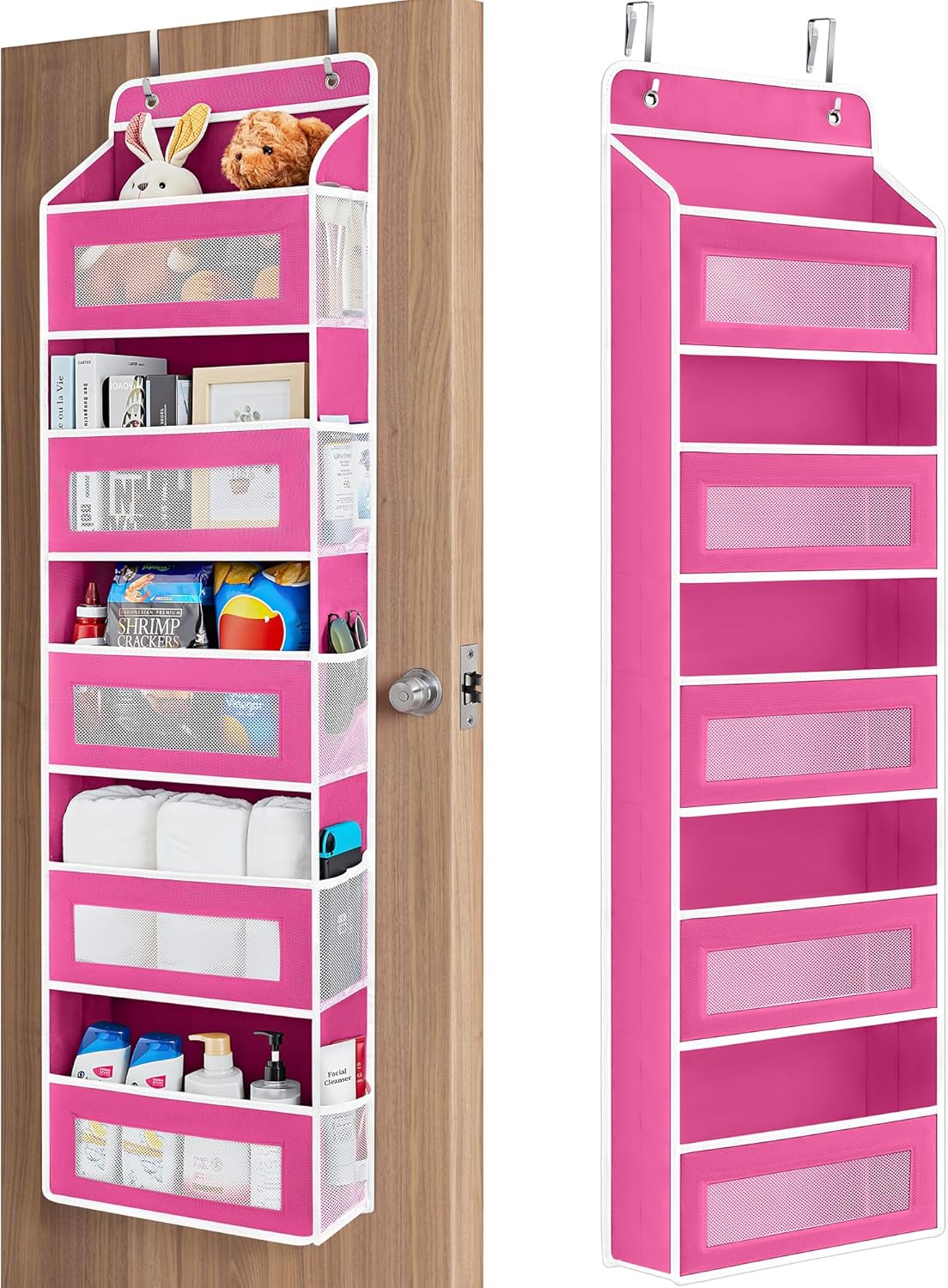 JARLINK Over The Door Organizer Storage, 5 Shelf Hanging Door Organizer with 5 Large Capacity Pockets, Anti Tilt 44 lb Load Behind Door Storage for Bedroom, Bathroom, Pantry, Nursery, Rose Pink
