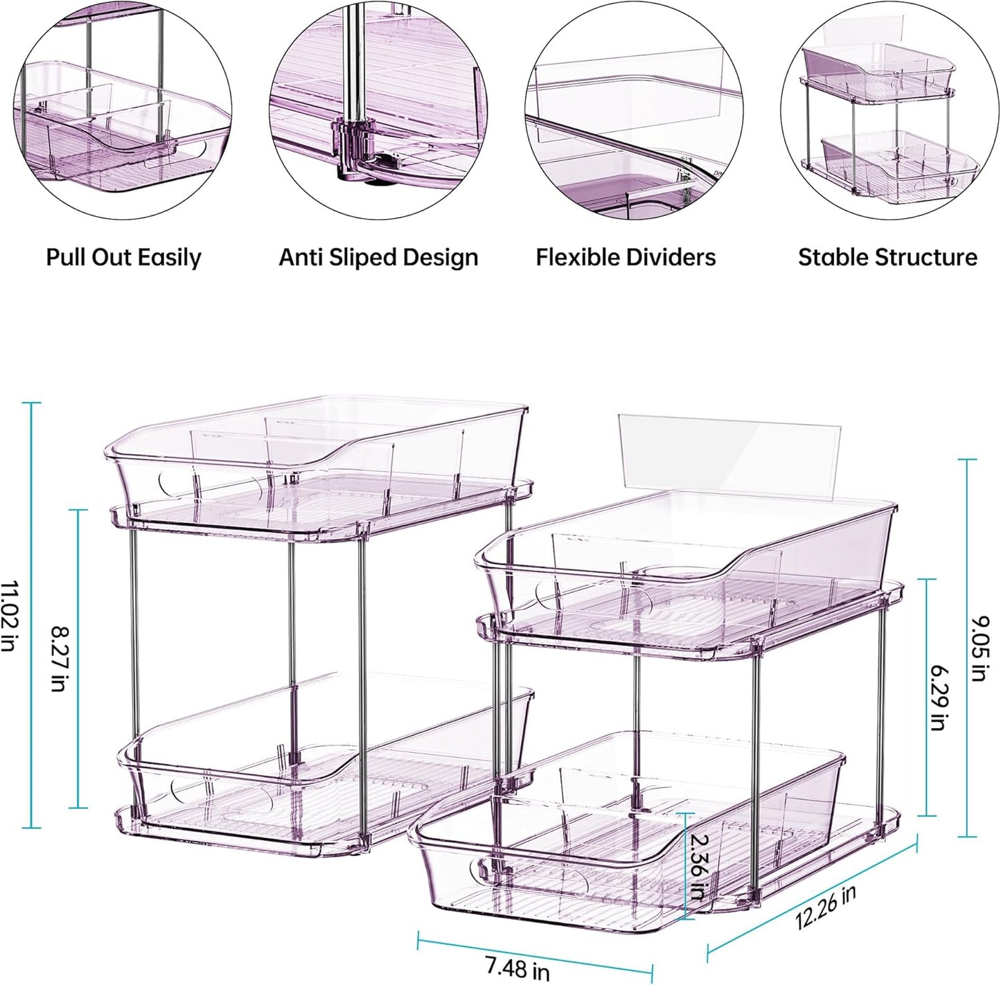 Delamu 2-Tier Under Sink Organizers and Storage, Multi-Purpose Stackable Bathroom Cabinet organizers, Pull Out Kitchen Pantry Organization and Storage with Dividers(2 Pack, Purple)