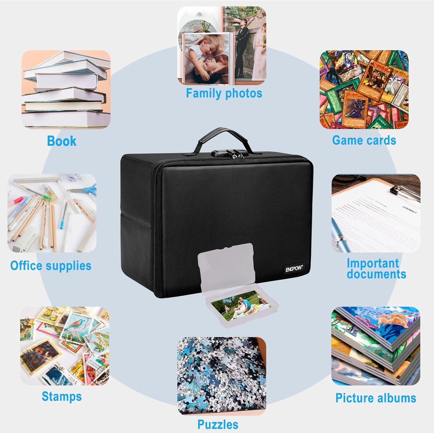 ENGPOW Fireproof Photo Storage Box with 16 Inner 4" x 6" Photo Case(Clear),Photo Box Organizer with Lock,Collapsible Portable Photo Storage Containers with Handle for Photos,Picture,Valuables