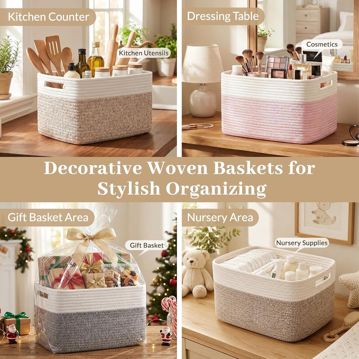 OIAHOMY 4 Pack Storage Basket, 13"x9"x7.8" Cotton Rope Baskets for Shelves, Closet Organizer for Bedroom & Living Room, Soft Decorative Bins for Organizing Towels, Books & Toys, Brown & White