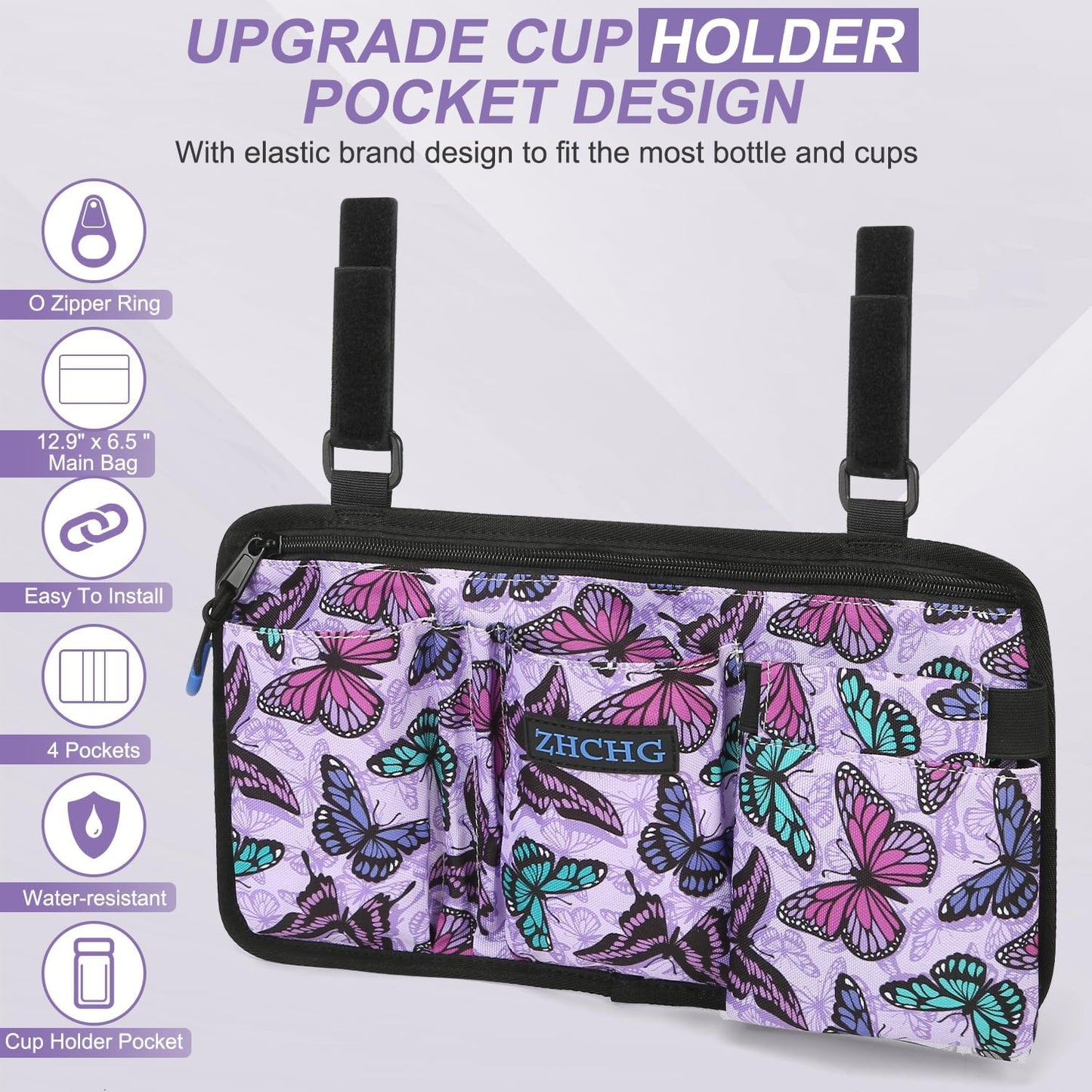 ZHCHG Wheelchair Side Bag with Cup Holder, Wheelchair Armrest Pouch Accessories for Walker, Rollator, Electric Scooter Wheelchairs, Ideal Gift for Mother's Day & Father's Day -Purple