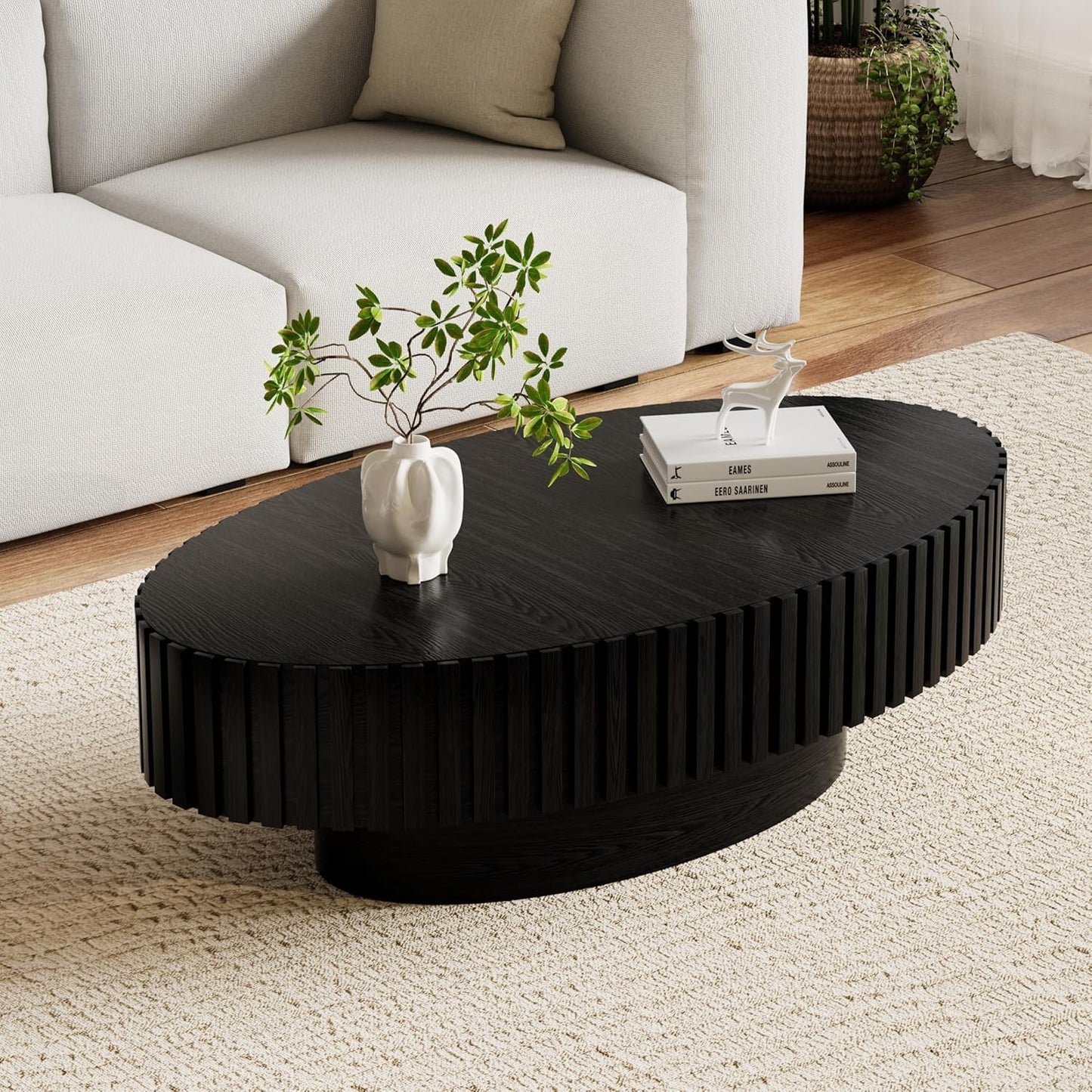 Black Oval Fluted Coffee Table for Living Room (43" Oval Black) | Handcrafted Relief, Wood Drum Coffee Table, for Office Outdoor