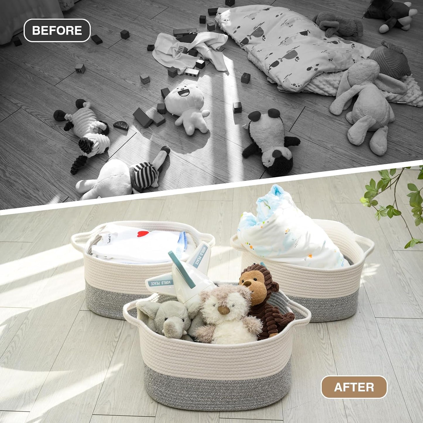 DUHEL Cotton Rope Woven Storage Basket(White&Grey-3PCS) | Used for Baby Hamper Toy Organizer, Gift Baskets Empty,Kids,Baby,nursery. Size 15x10x8.7 Inches.