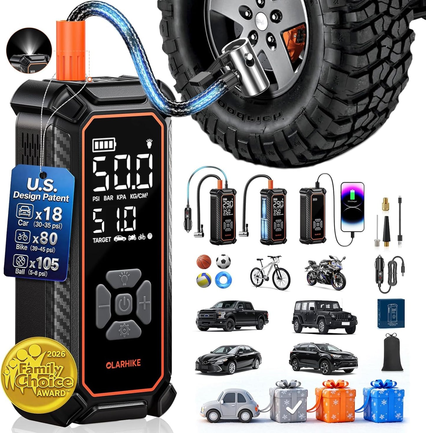 OlarHike Tire Inflator Portable Air Compressor, Lightning-Fast Inflation, Dual Power - 6000mAh & 12V DC, Cordless Air Pump for Car Tires, Bikes, Motorcycle, Balls with LED & Digital Pressure Gauge