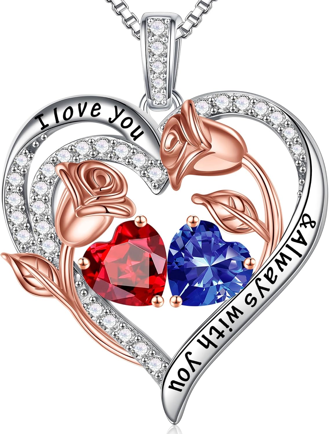 Iefil Birthstone Necklace for Women - Rose Heart Necklace