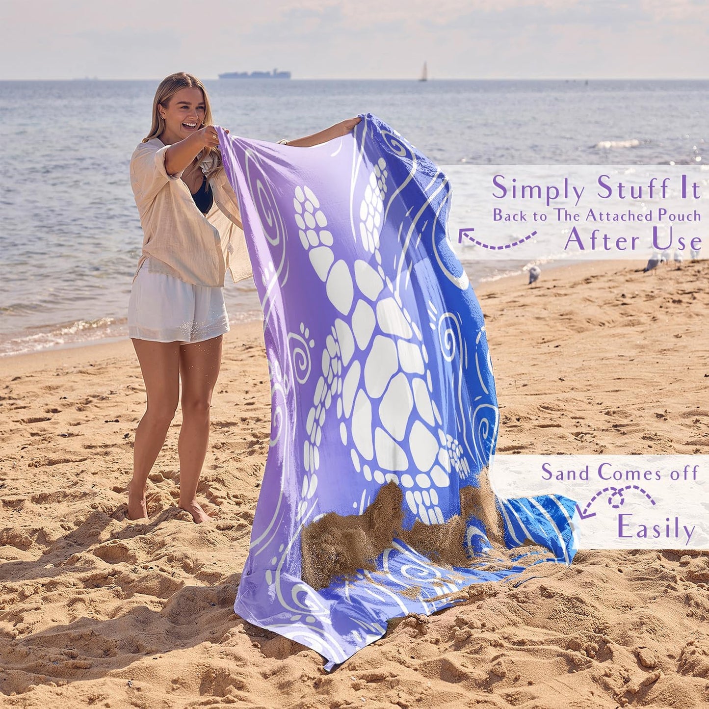WEKAPO Beach Blanket Waterproof Sandproof Oversized Extra Large Sand Free Beach Mat with Stakes, Storage Bag - Essentials for Outdoor Beach, Picnic (Blue Purple Sea Turtle, 8 X 7 FT (1~4 Person))